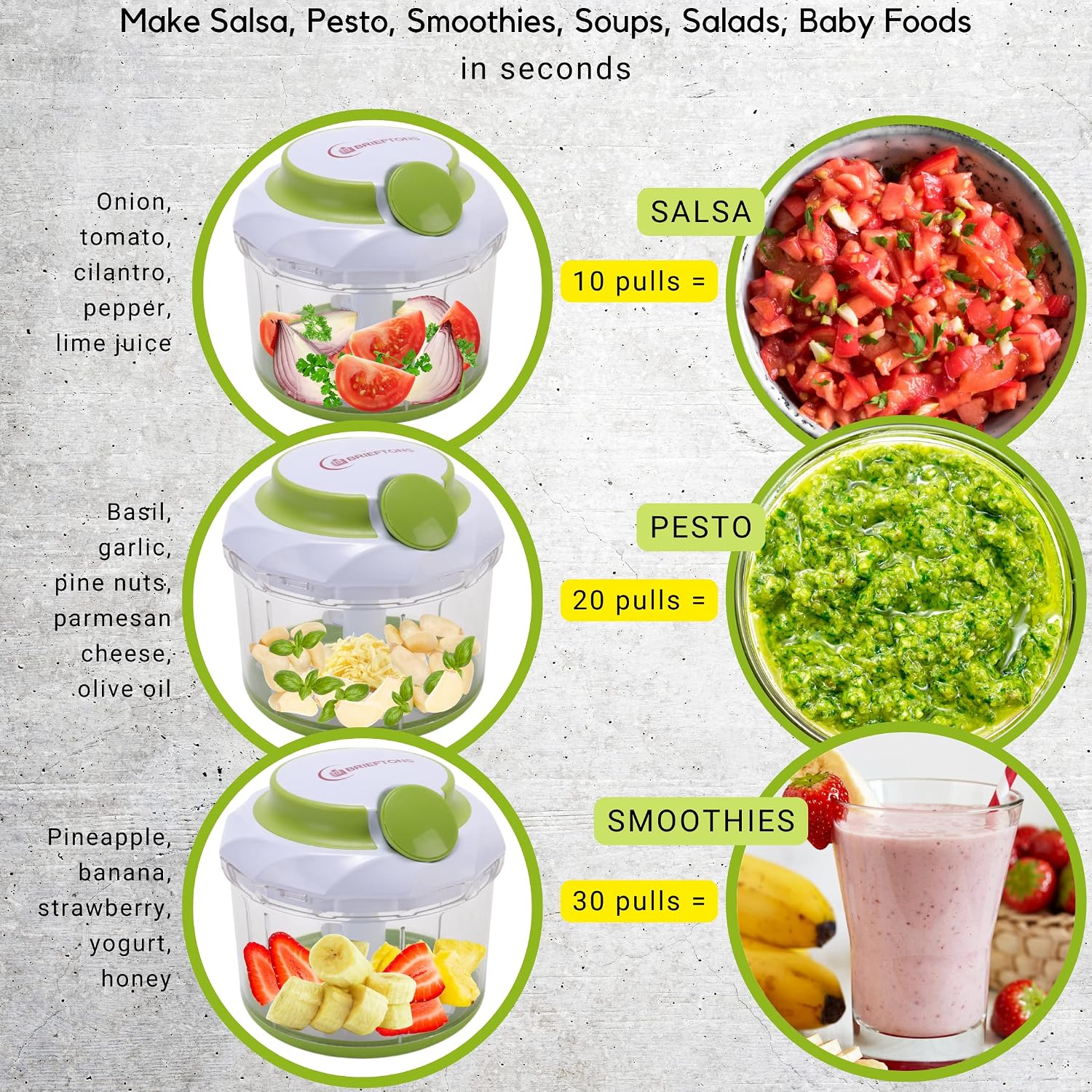 Brieftons QuickPull Manual Food Chopper, 4-Cup Hand Pull String Chopper, No Electricity, Chops Onion Tear-Free, Garlic, Vegetables, Herbs, Nuts for Salsa, Guacamole, Pesto, Baby Food, RV, Camping