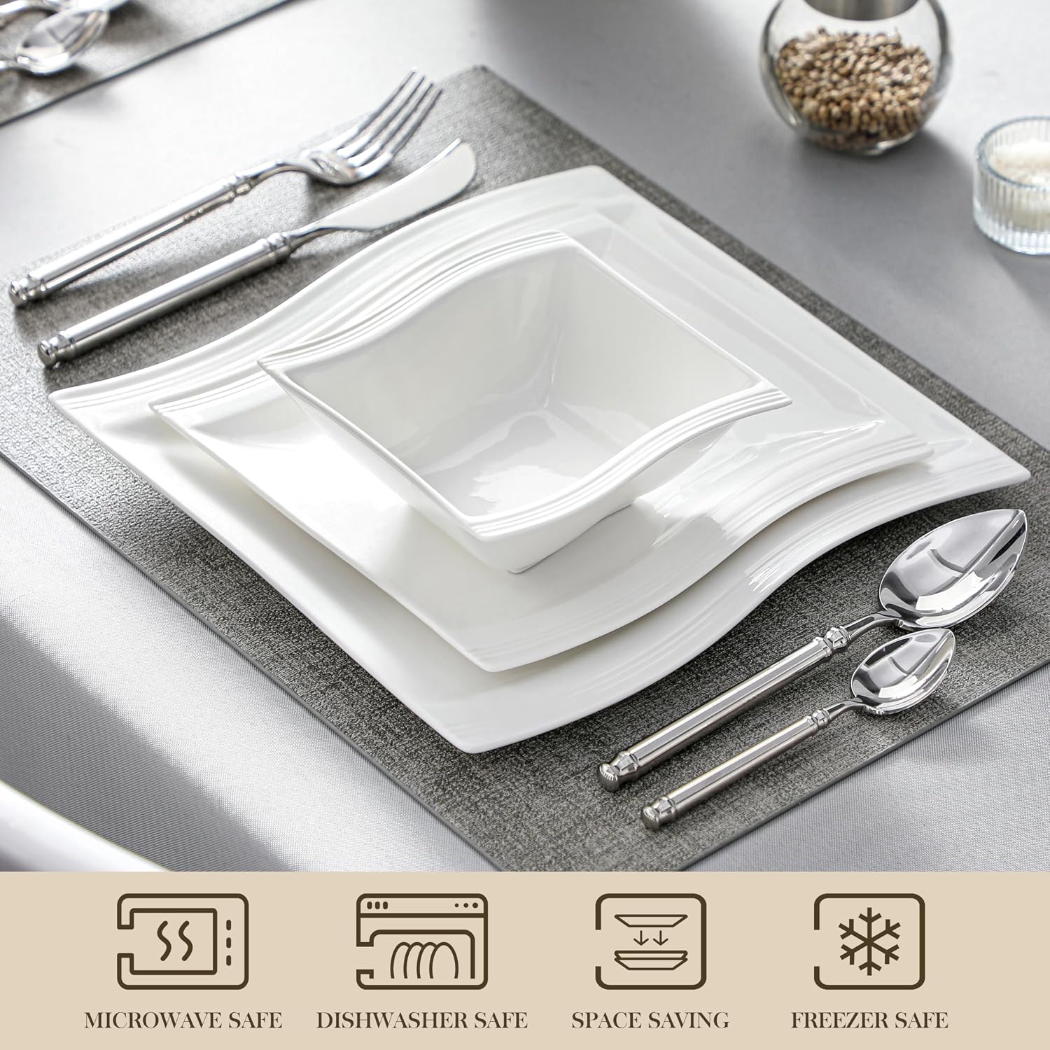MALACASA Plates and Bowls Sets, 26 Pieces Ivory White Porcelain Dinnerware Sets without Mugs, Square Dinnerware with Dinner Plates, Bowls and Serving Platters, Modern Dish Set for 6, Series Flora
