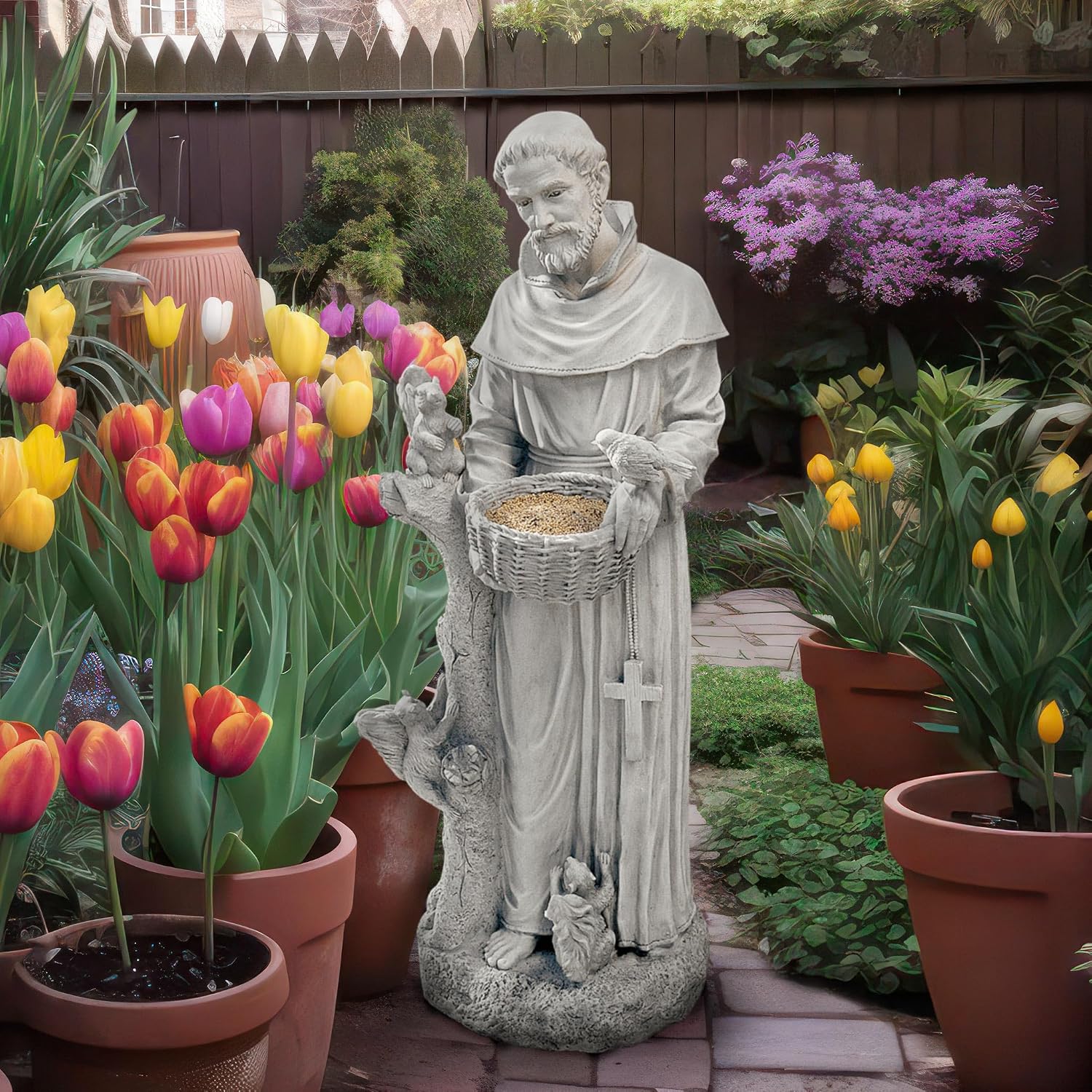 Design Toscano Francis of Assisi Blessing Religious Garden Decor Statue with Bird Bath Feeder, 19 inches Tall, Cast Stone Resin, Gray Stone Finish