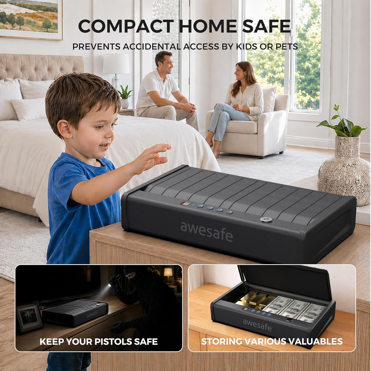 awesafe Biometric Gun Safe for Pistol, 3 Ways Quick Access with Fingerprint Digital PIN Key