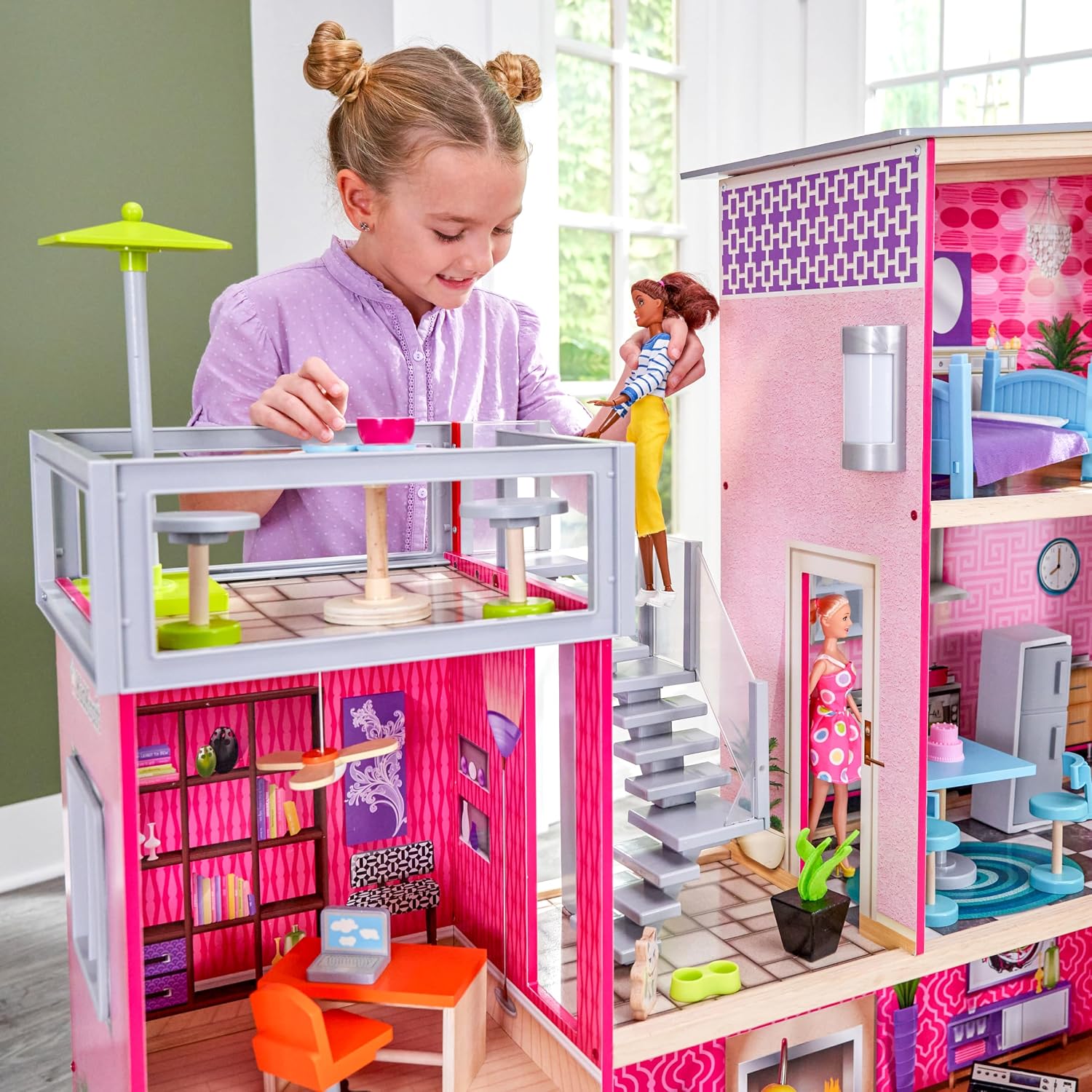 KidKraft Uptown Wooden Modern Dollhouse with Lights & Sounds, Pool and 36 Accessories | Over 3 Feet Tall Pink Mansion Doll House, Working Elevator