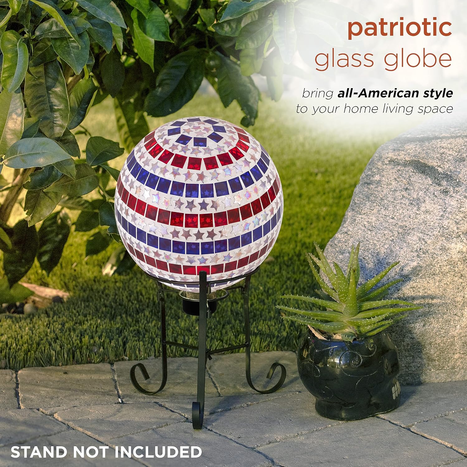 Alpine Corporation 10" Diameter Indoor/Outdoor Patriotic Glass Stars and Stripes Gazing Globe Yard Decoration, Red, White and Blue