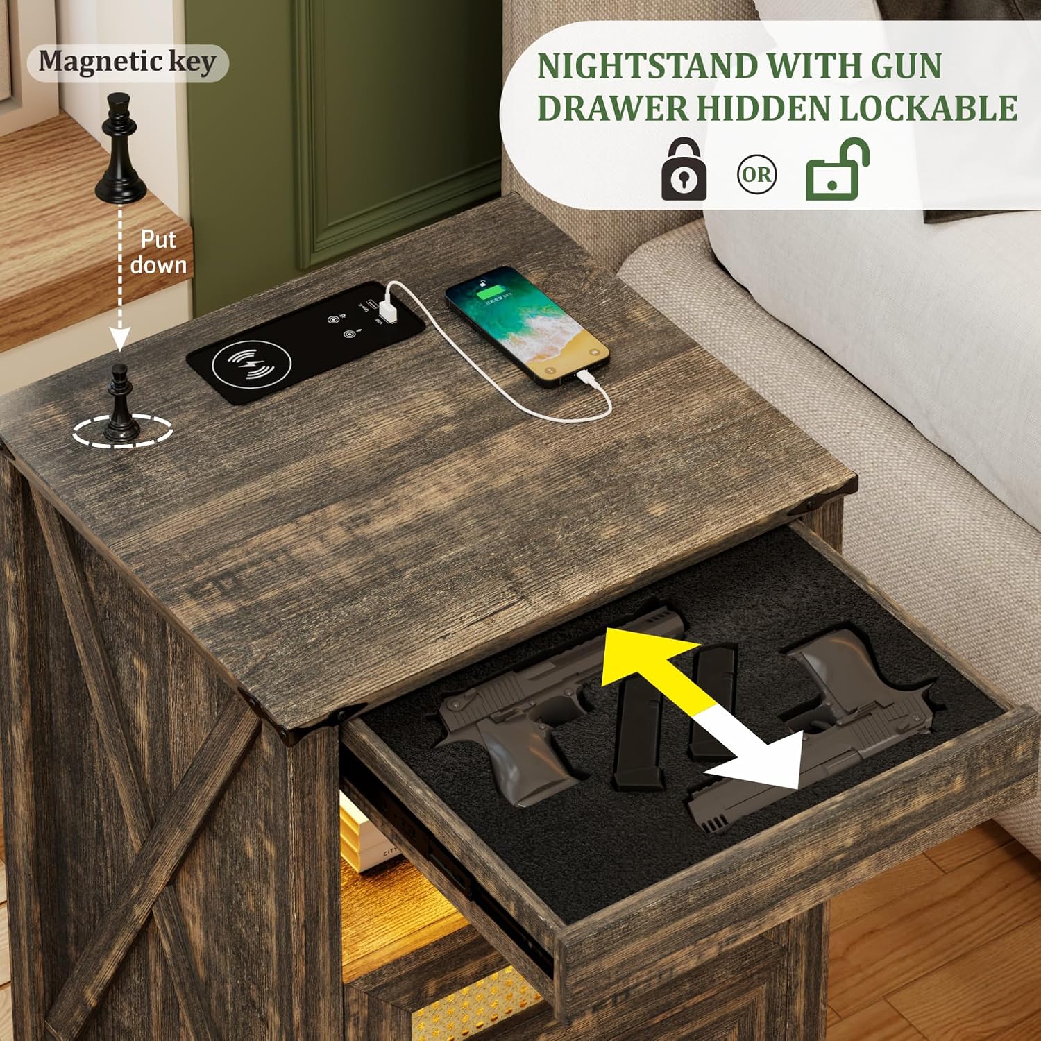 LED Night Stand with Gun Drawer & Charging Station | Human Sensor Lights, Hidden Storage, Farmhouse Rattan Style, 3 Drawers, Bedside Table for Bedroom, End Tables Livingroom