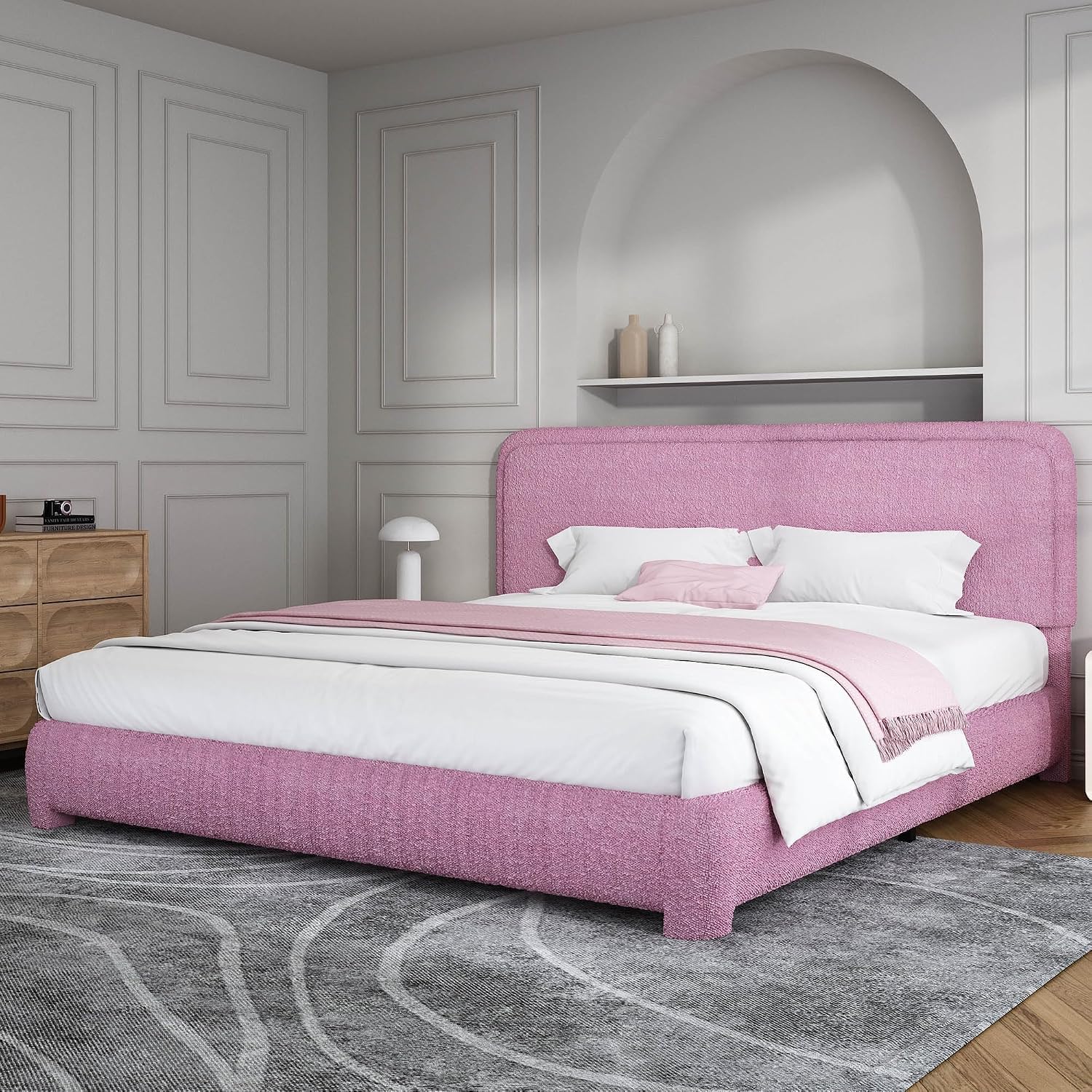 BarnFurin Full Bed Frame, Cloud Boucle Headboard, Rounded Corners, White | Soft boucle and rounded edges create a low-profile cloud look. Wooden slats support the mattress without a box spring