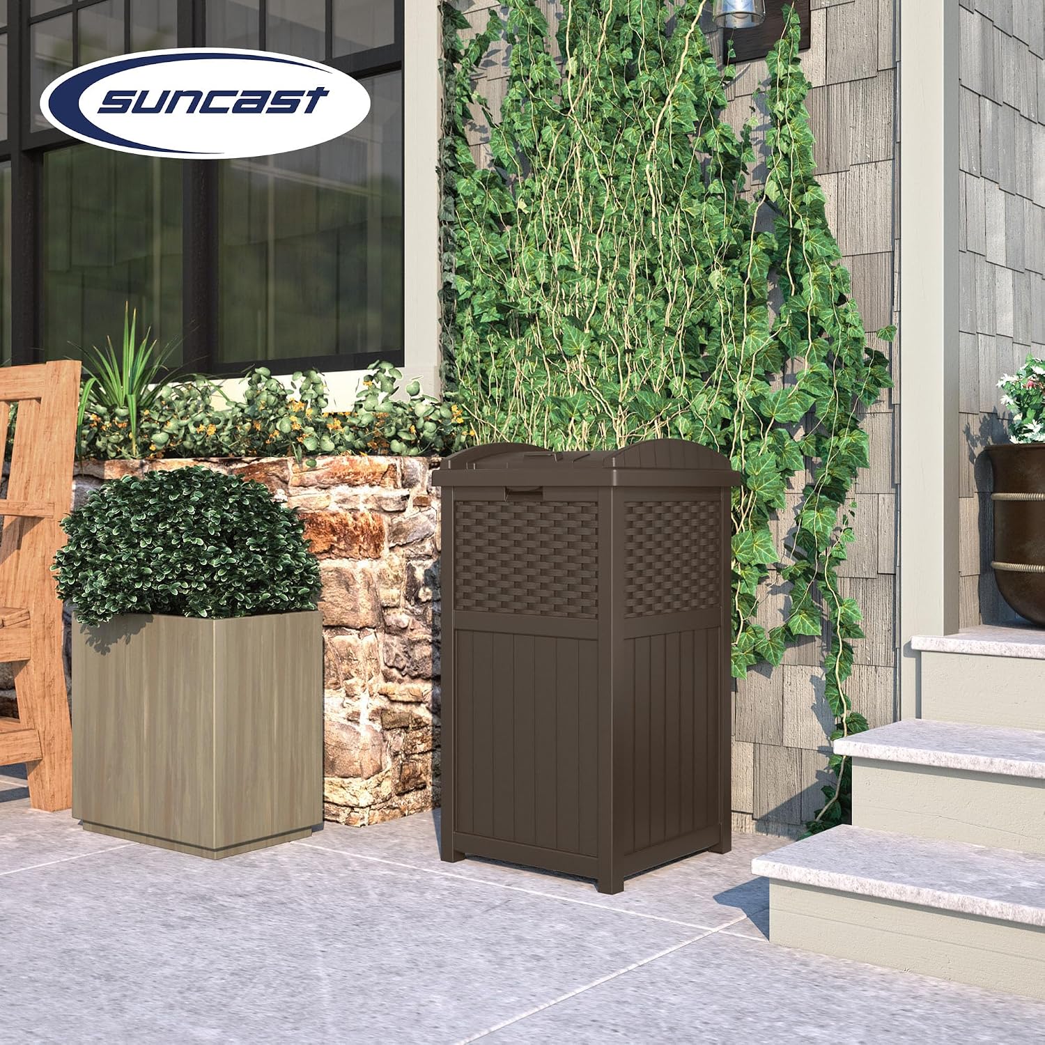 Suncast 2 Pack 33 Gallon Commercial Outdoor Trashcan Hideaway with Lid for 30 to 33 Gallon Trash Bags for Garage, Backyard, or Garden, Brown