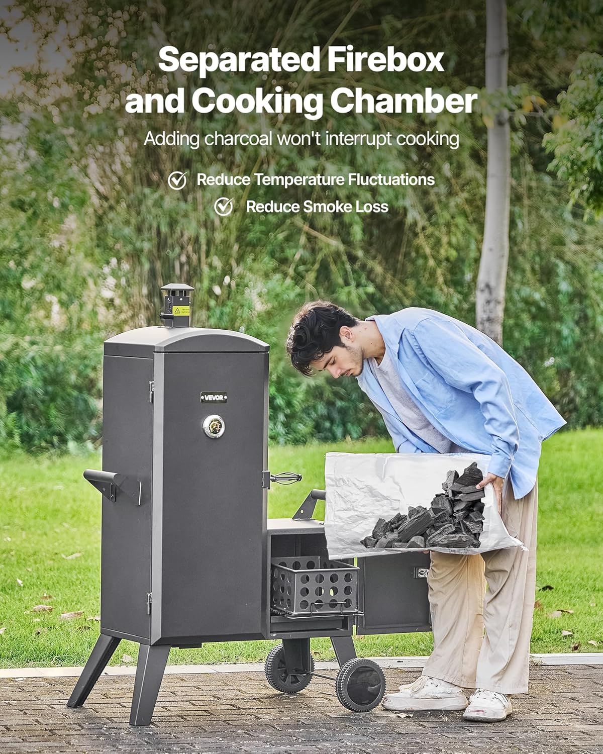 VEVOR Charcoal Offset Smoker, Heavy-Duty Steel BBQ Offset Smoker with Side Firebox, Movable Outdoor Barbecue Smokers with 6 Adjustable Grates