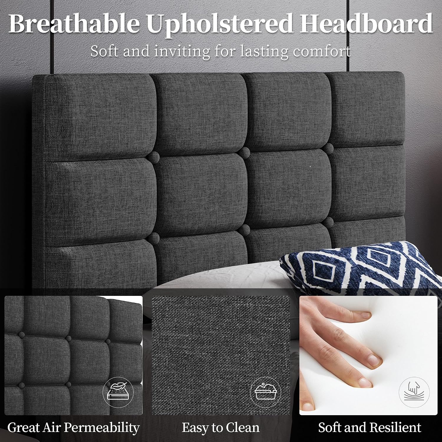 Yaheetech Full Size Upholstered Tufted Bed Frame with Headboard, Dark Gray | Sturdy engineered wood frame with linen fabric upholstery features a soft tufted headboard for easy assembly and support