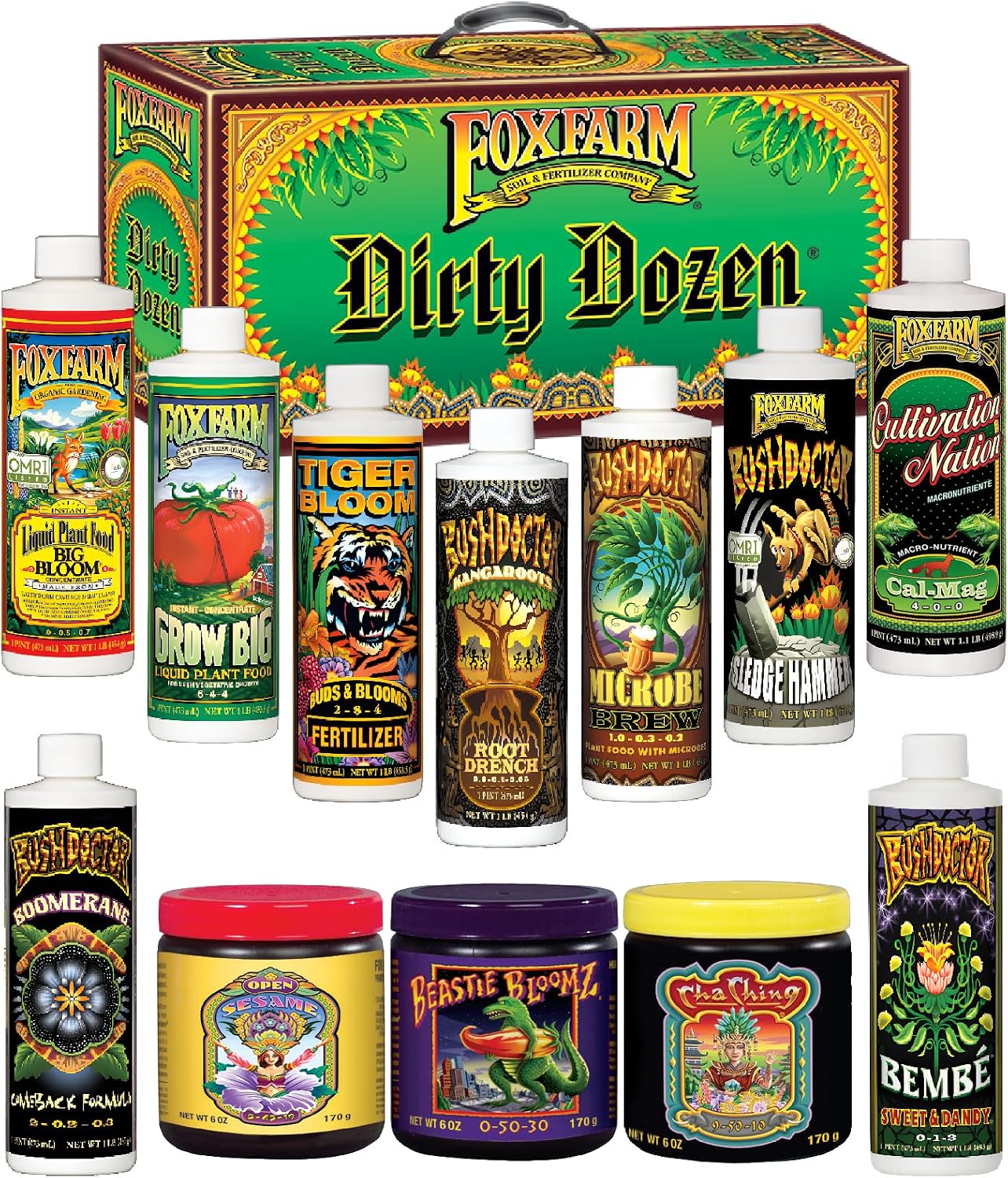 FoxFarm Dirty Dozen Liquids & Solubles Starter Pack - 3 Solubles (Open Sesame, Beastie Bloomz, Cha Ching) & 9 Pint Liquids (Big Bloom, Tiger Bloom