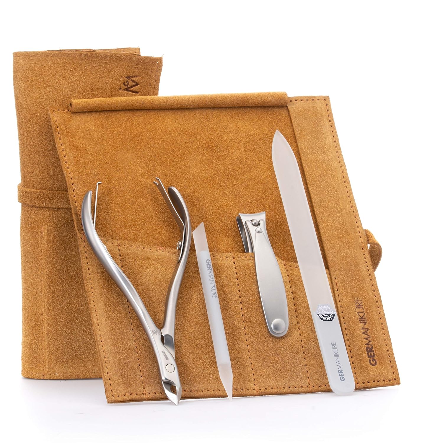 GERMANIKURE 4pc Manicure Nail Care Kit, Solingen Germany, Yellow Suede Roll