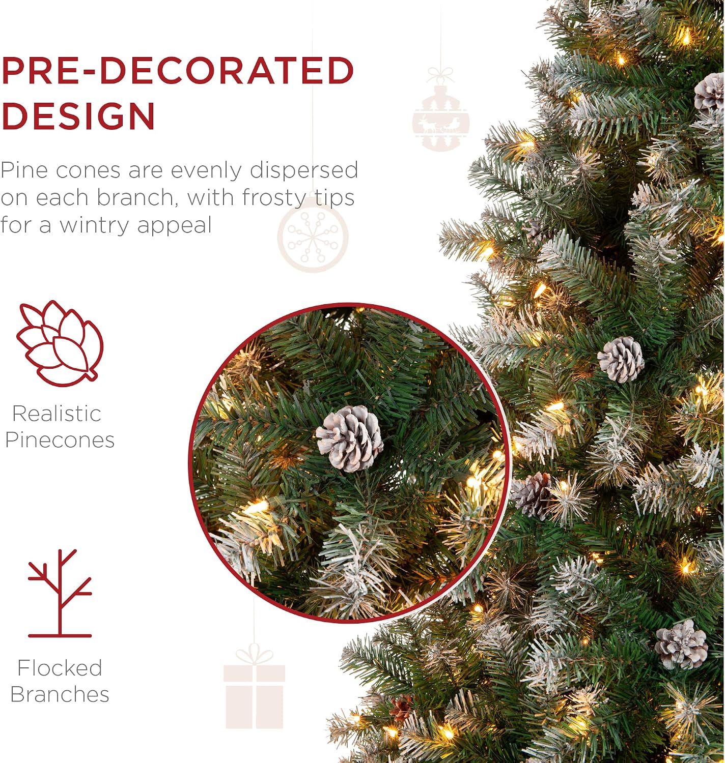 Best Choice Products 7.5ft Pre-Lit Pre-Decorated Pine Artificial Christmas Tree w/Twinkling LEDs, 1, 346 Flocked Frosted Tips, 80 Pinecones
