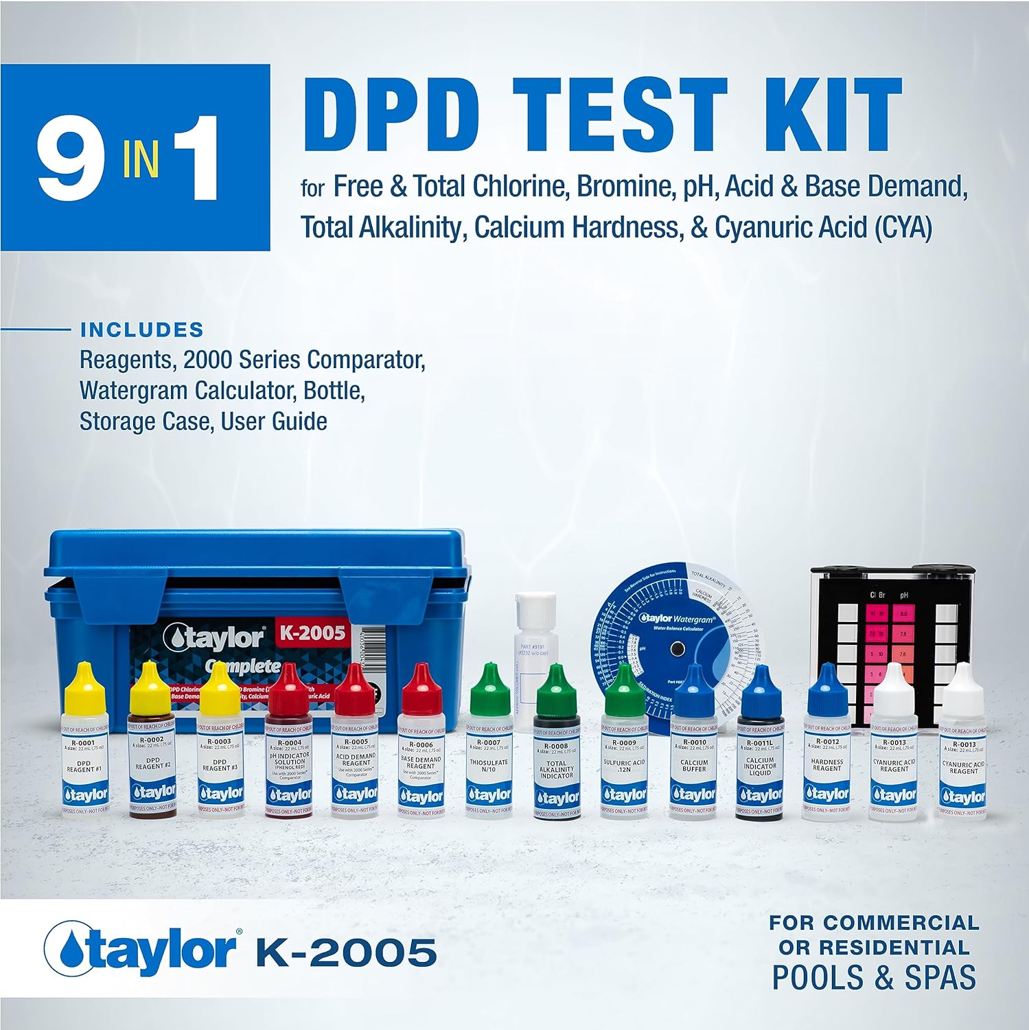 Taylor Technologies K-2005 DPD, 9-in-1 Complete Pool Test Kit for Free & Total Chlorine, Total Bromine, pH, Acid & Base Demand, Total Alkalinity
