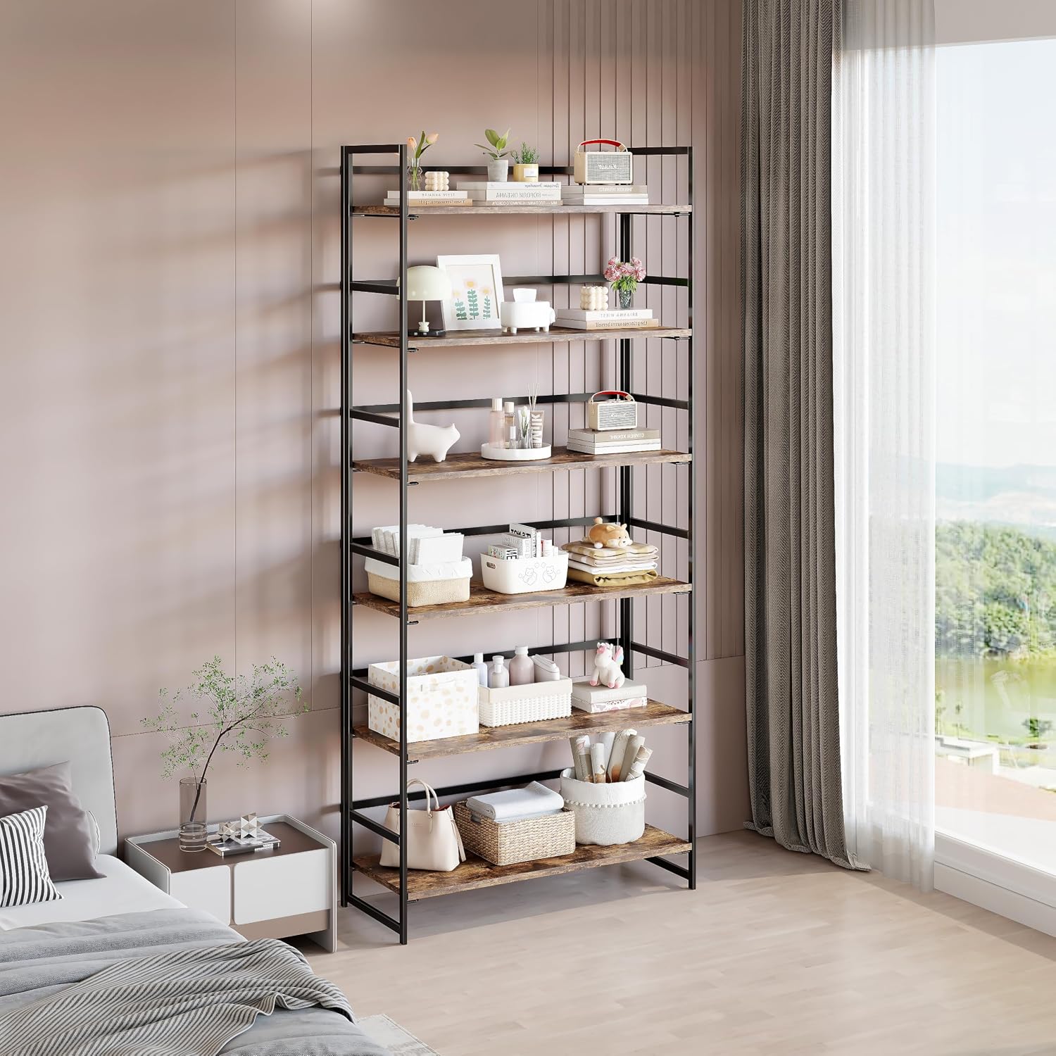 Vintage Multifunctional Folding Bookshelf, No-Assembly Plant Stand Storage Rack Shelves for Home Office (Fire, 5-Tier)