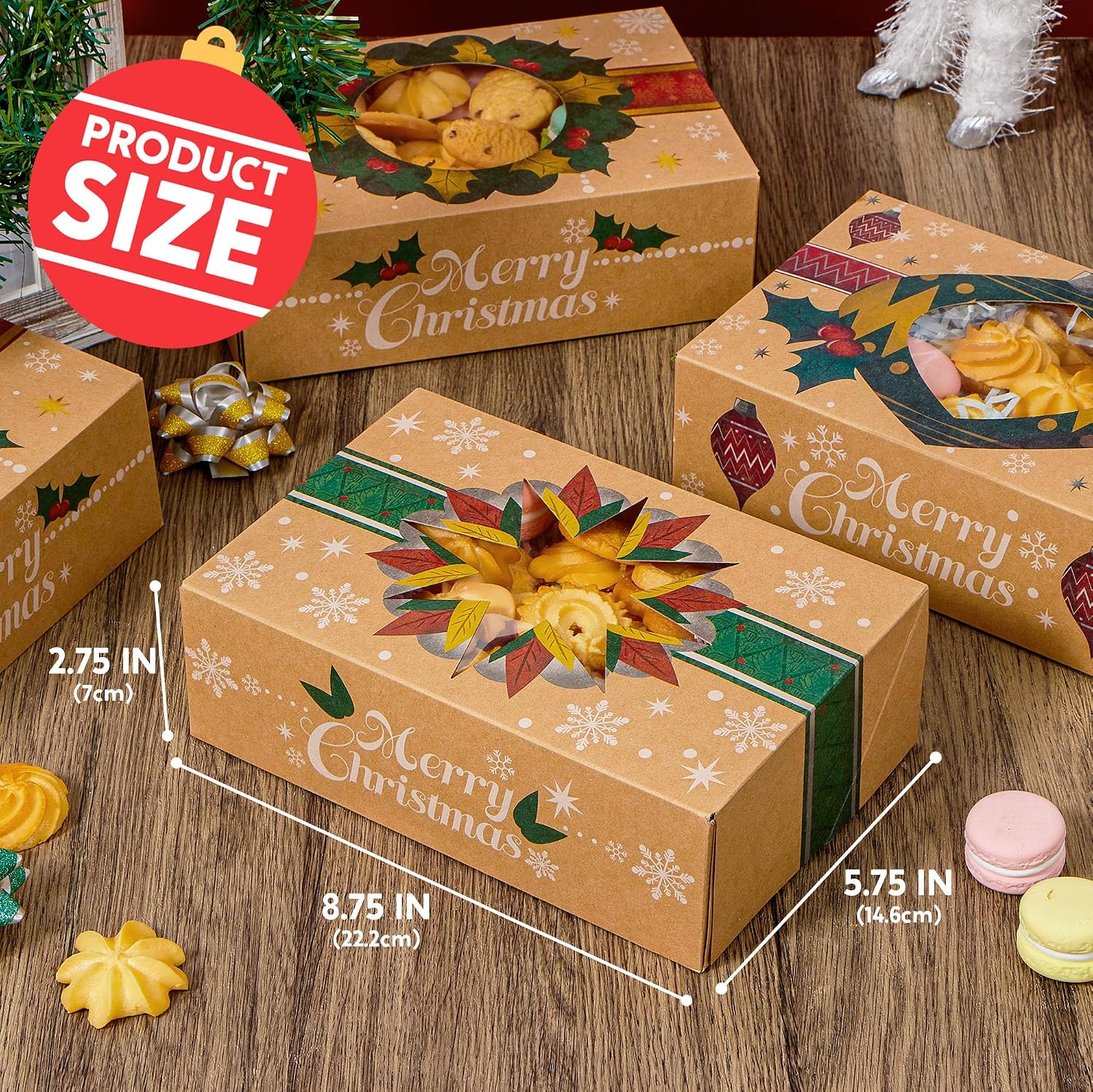 JOYIN 24PCS Christmas Cookie Boxes for Gift Giving, 8.75" x 5.75" x 2.75" Xmas Holiday Bakery Treat Boxes with Window