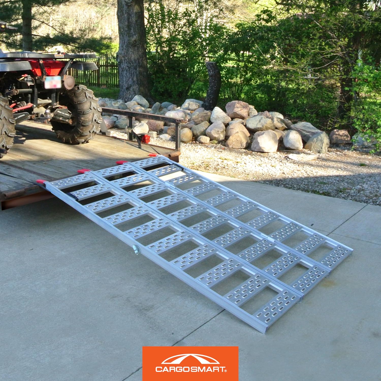 Aluminum Tri-Fold Ramp with Treads, 1 Pack — 1, 500lb Capacity/500lb per Section, 50” W x 76” L — Easily and Safely Load or Unload Push Mowers