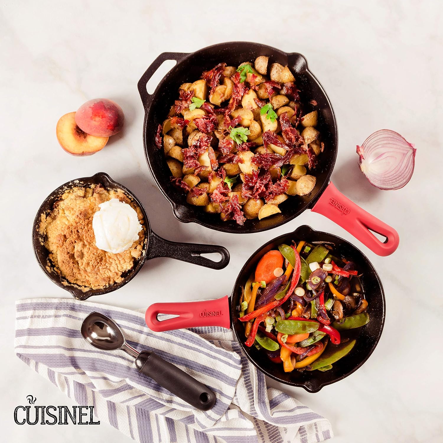 Cast Iron Skillet - 10"-Inch Frying Pan with Pour Spouts + Pan Scraper + Silicone Grip Handle Cover Holder - Pre-Seasoned Oven Cookware - Indoor/Outdoor Use - Stovetop, Induction. PFAS and PFOA-free