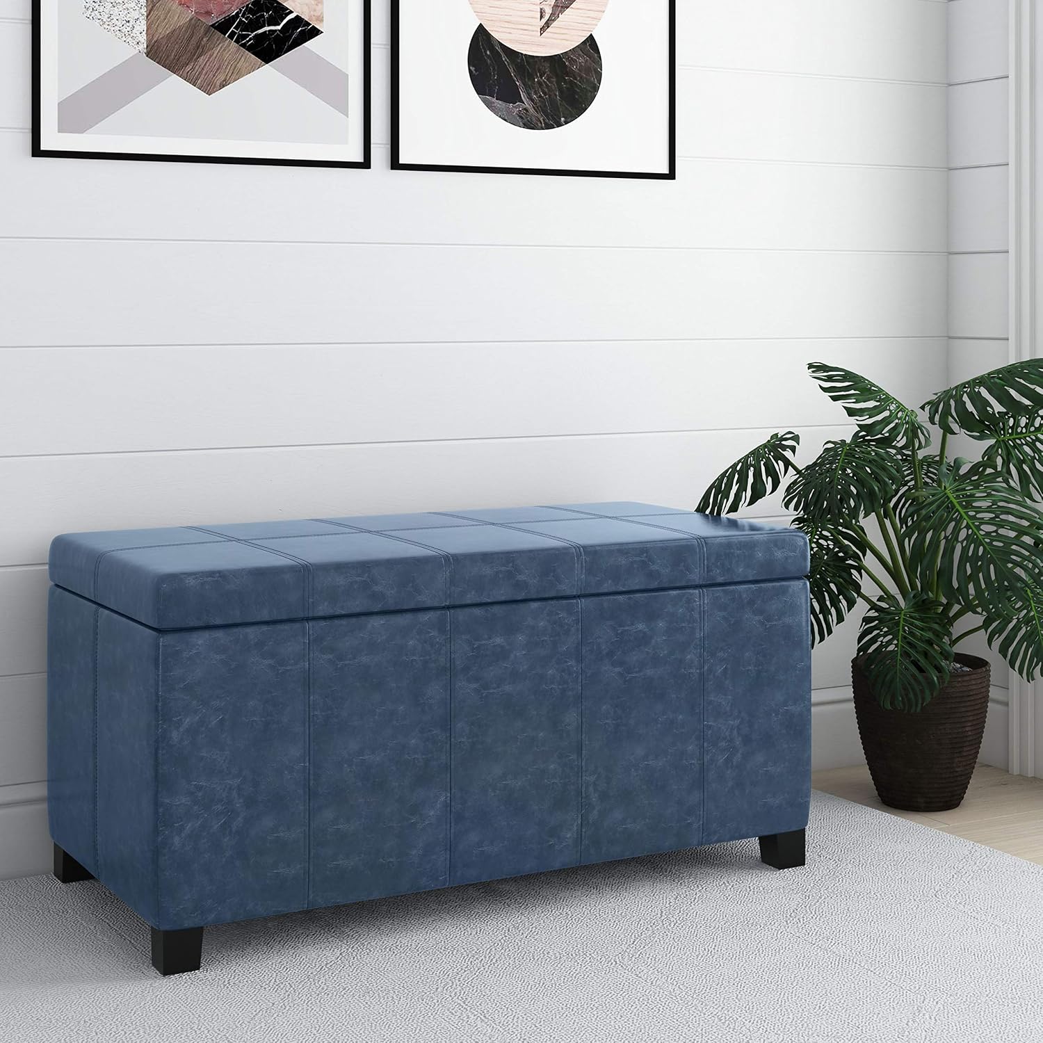 SIMPLIHOME Dover 36" Wide Vegan Leather Storage Ottoman in Midnight Black | Distressed umber brown, contemporary ottoman with lift-top and safety hinges; rectangle storage bench for living room.