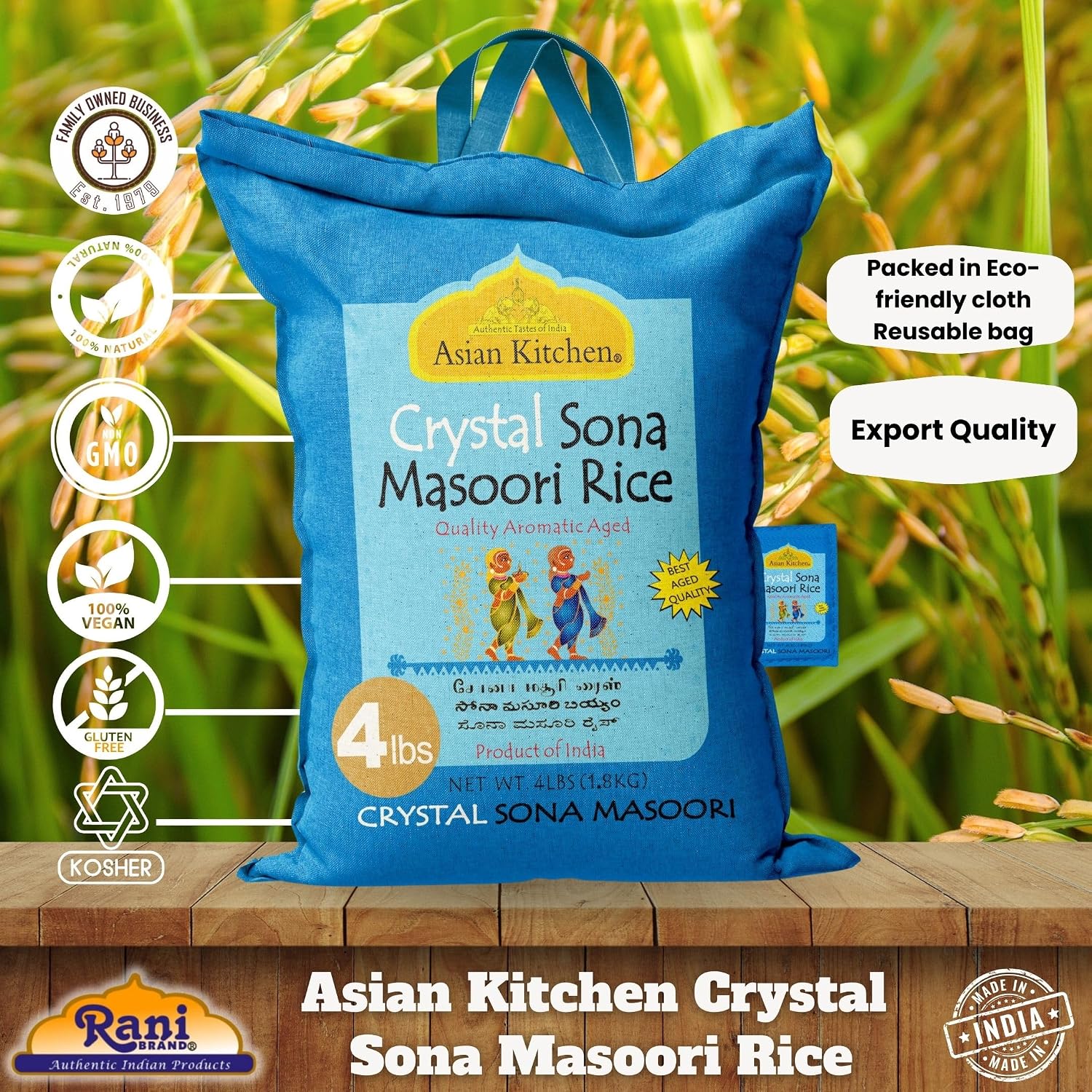 Asian Kitchen White Sona Masoori Aged Rice 20-Pound Bag, 20lbs (9.08kg) Short Grain Rice ~ All Natural | Gluten Friendly | Vegan | Kosher | Indian Origin | Export Quality