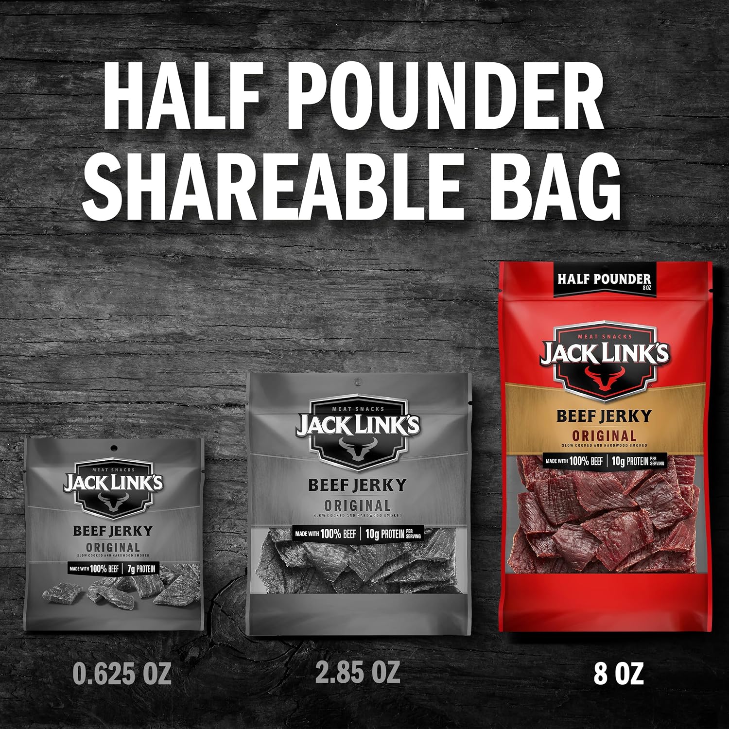 Jack Link's Peppered Beef Jerky Half Pounder - 8 oz Large Jerky Bag - Ready to Eat Real Meat Protein Snacks - 9g Protein per Serving - Made with 100% Real Beef | Large Jerky Bag - Ready to Eat Real Meat Protein Snacks - 9g Protein per Serving - Made with…