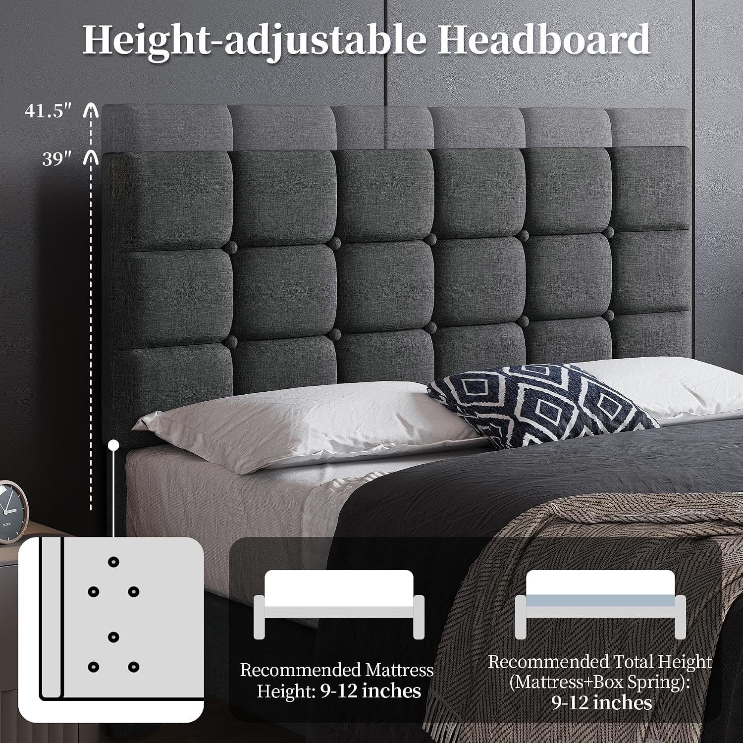 Yaheetech Full Size Upholstered Tufted Bed Frame with Headboard, Dark Gray | Sturdy engineered wood frame with linen fabric upholstery features a soft tufted headboard for easy assembly and support