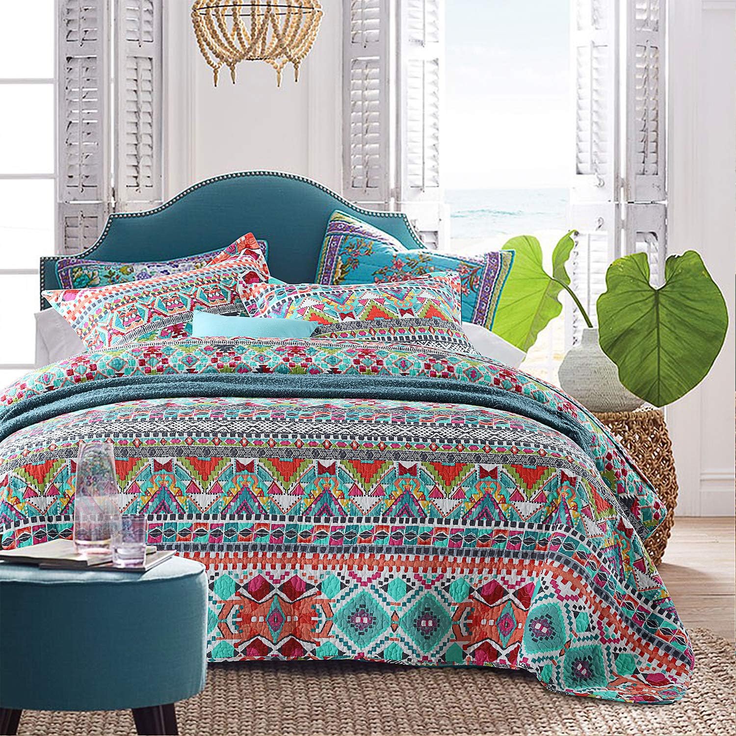 Striped Jacquard Style Cotton 3-Piece Patchwork Bedspread Quilt Sets, Queen Size