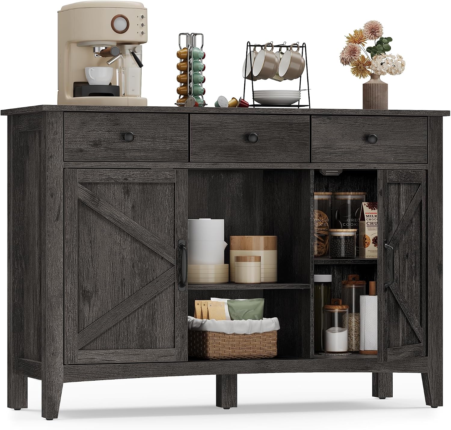 VASAGLE LIRY Collection - Storage Cabinet, Buffet Cabinet, Sideboard, Credenza, with Adjustable Shelves, for Entryway, Rustic White and Honey Brown ULSC381W01