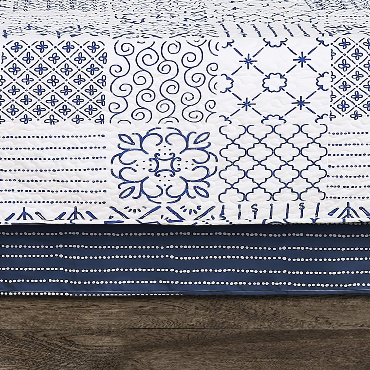 Lush Decor Monique 3 Piece Reversible Print Pattern Blue Quilt Set - Full Queen