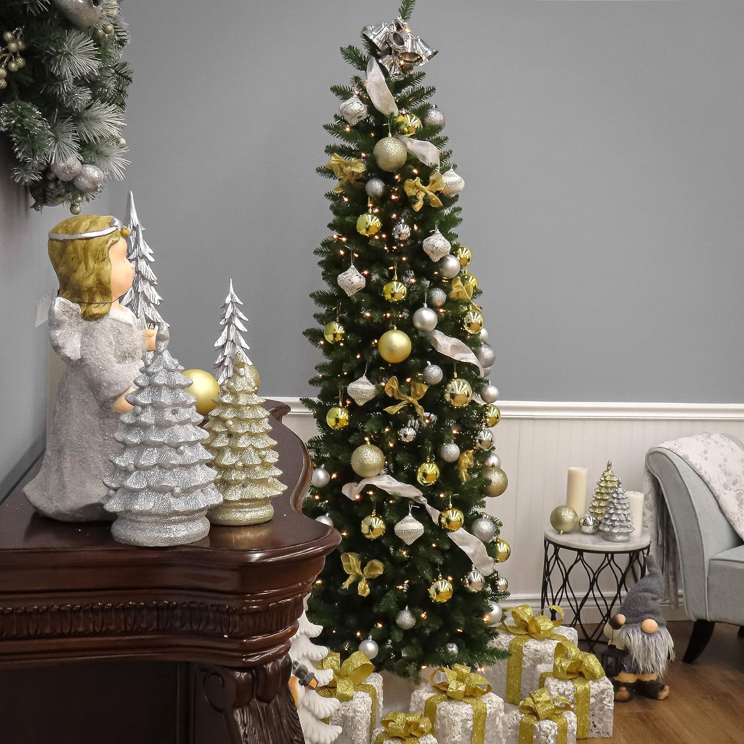 National Tree Company 7 ft Pre-Lit Kingswood Fir Slim Artificial Christmas Tree, 300 Warm White LED Lights, 892 Tips, Includes Stand