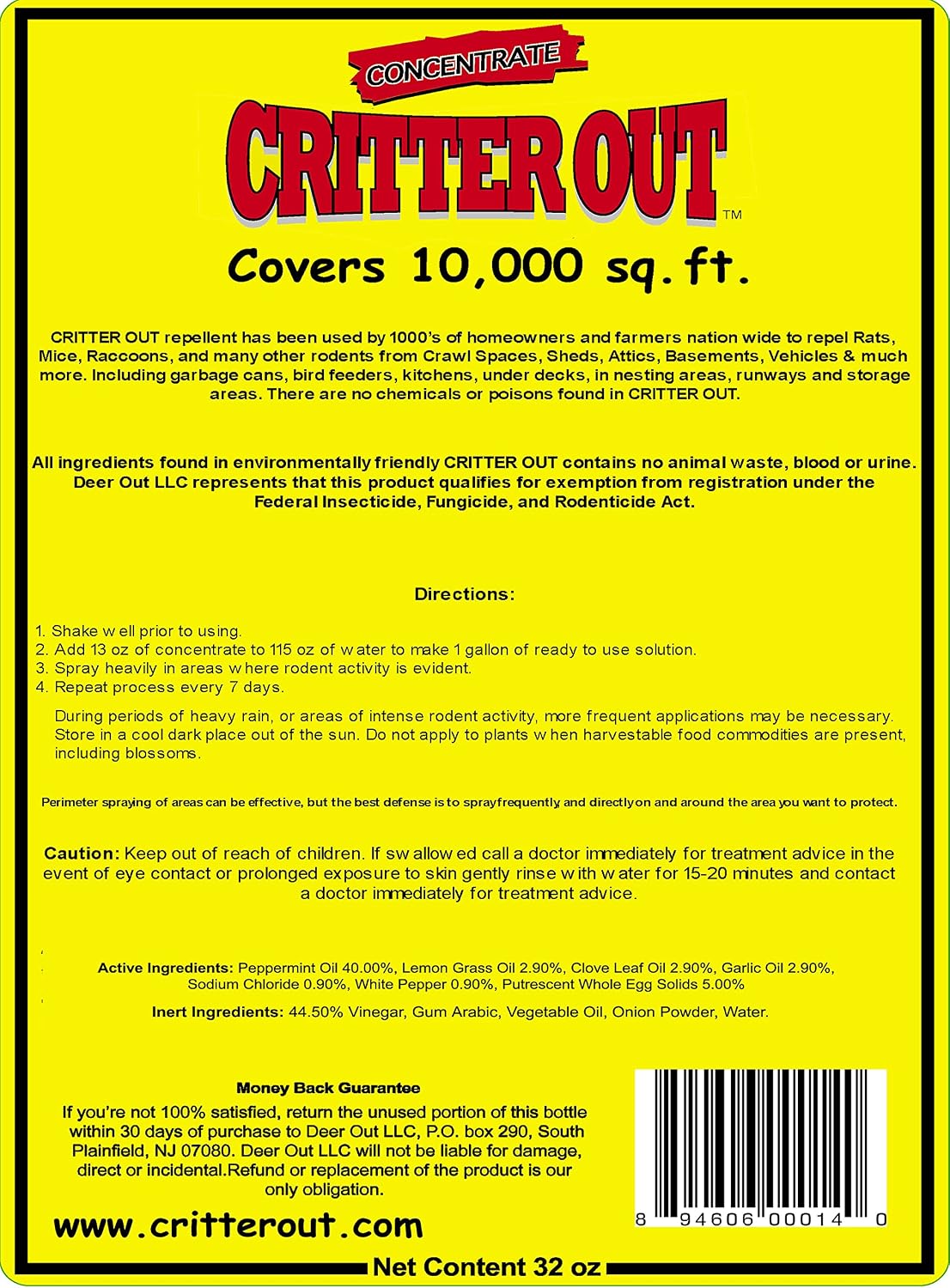 Mouse & Rat Repellent: Rodent Repellent: Critter Out 1 Gallon Ready to Use | Mouse & Rat repellent, Peppermint Oil Repellent, Get Rid of Rats, Prevent Nesting, Stops Chewing, Protect Engine Wiring