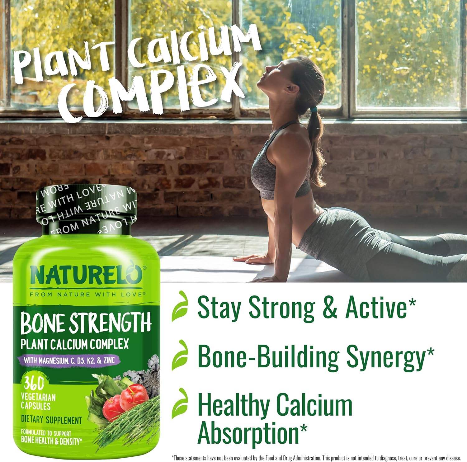 NATURELO Calcium Supplement with Vitamin C, D3, K2, 120 Vegetarian Capsules | Magnesium & Zinc for Bone Strength,Plant-Based Calcium 600mg , Non-GMO, Soy & Gluten-Free