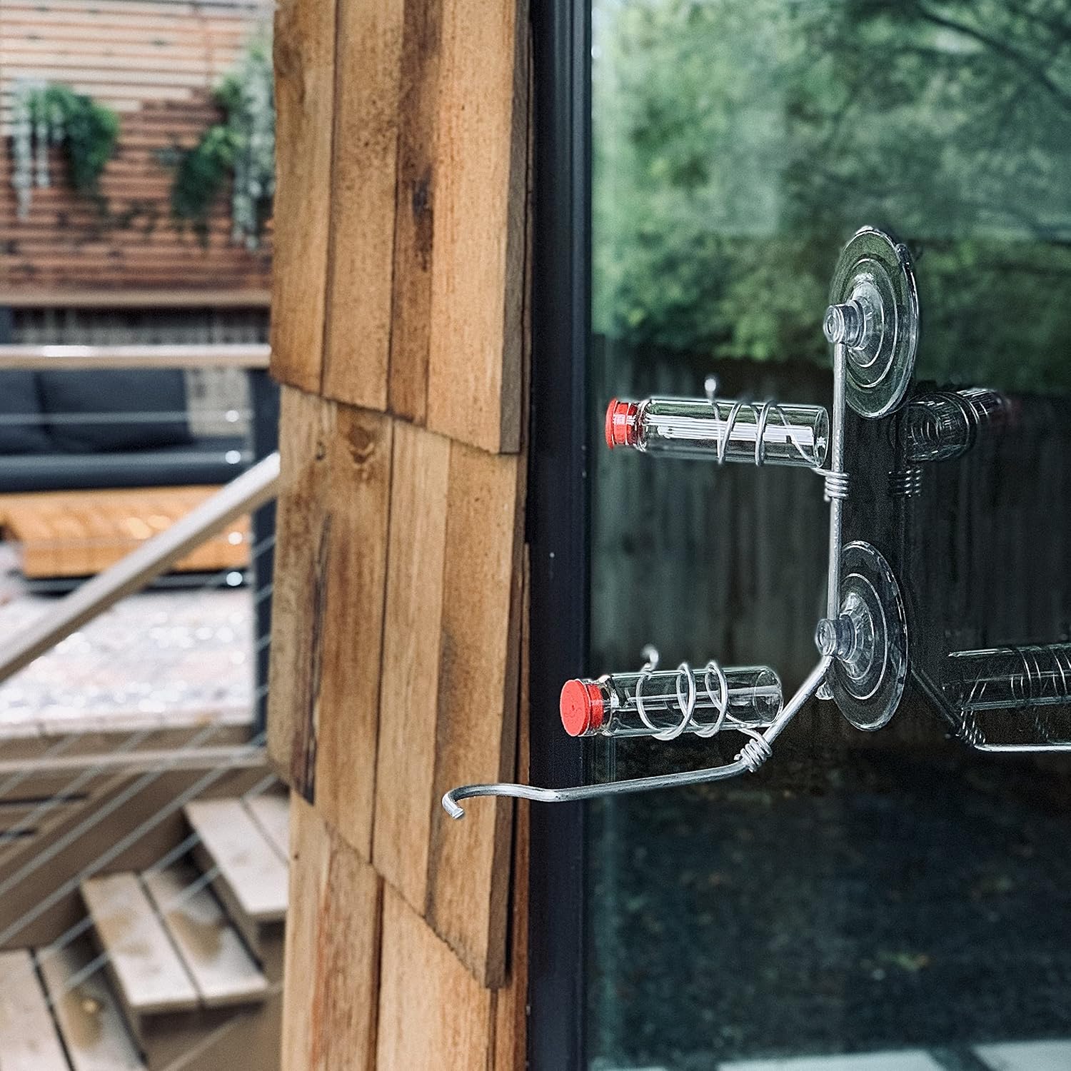 Window Hummingbird Feeder | Handcrafted Copper and Aluminum | Multiple Stations | Modern Hummingbird Feeder | Glass Bottles | Suction Cups (Copper, Four Station)