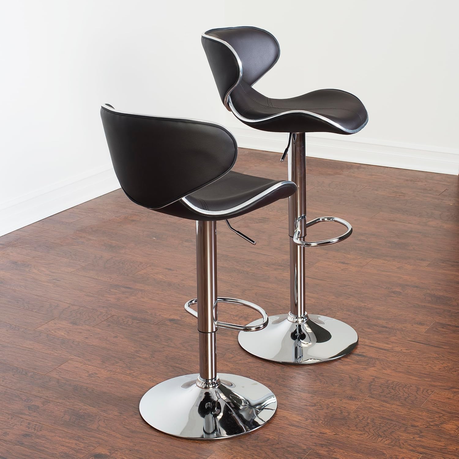 Roundhill Furniture Masaccio Cushioned Leatherette Upholstery Airlift Adjustable Swivel Barstool with Chrome Base, Set of 2, Blue