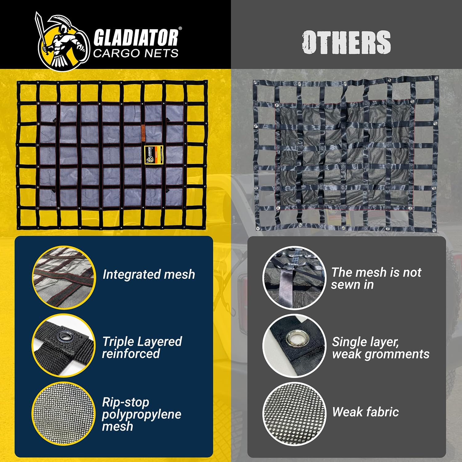 Heavy Duty Cargo Net - Truck Organizer-Interior-Roof Rack-Jeep-SUV- Baja-Camping -(GBN-100) 4' x 4'