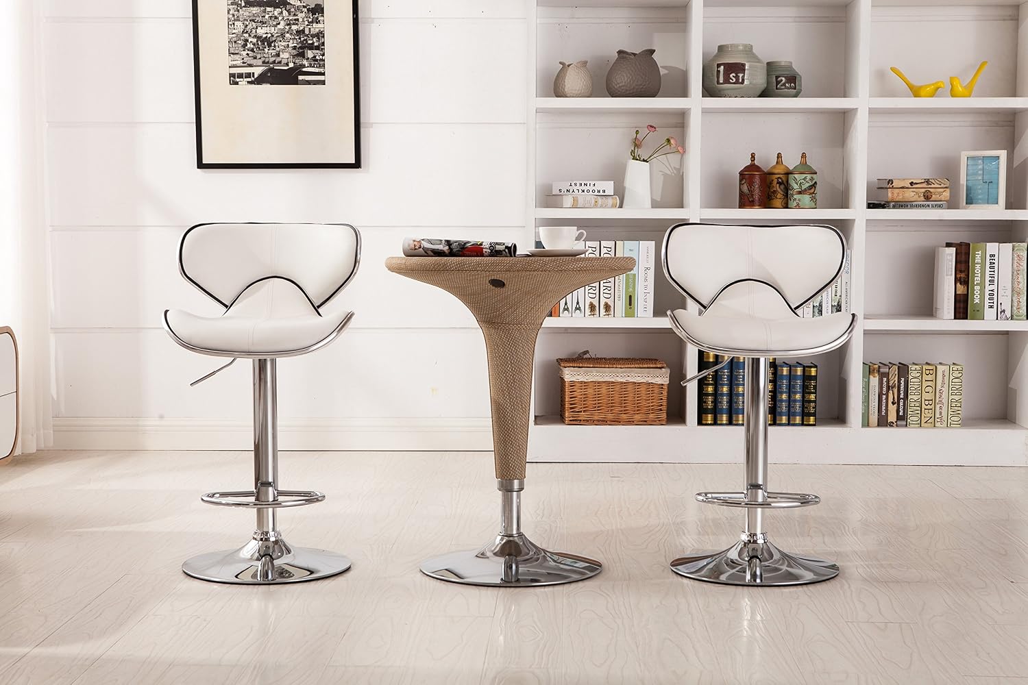 Roundhill Furniture Masaccio Cushioned Leatherette Upholstery Airlift Adjustable Swivel Barstool with Chrome Base, Set of 2, Blue