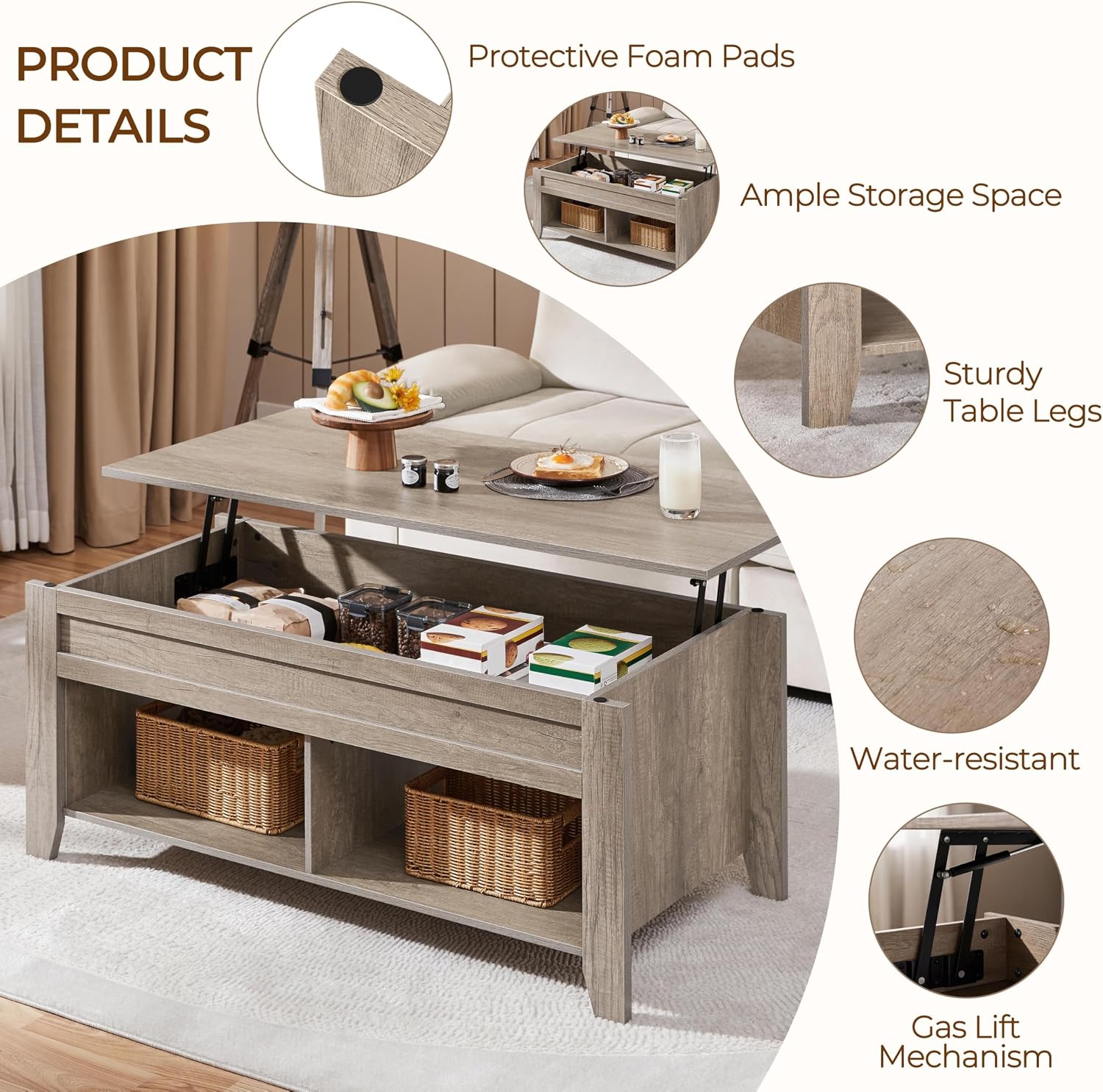 Yaheetech Lift Top Coffee Table with Hidden Storage Compartment Gray 47.5in