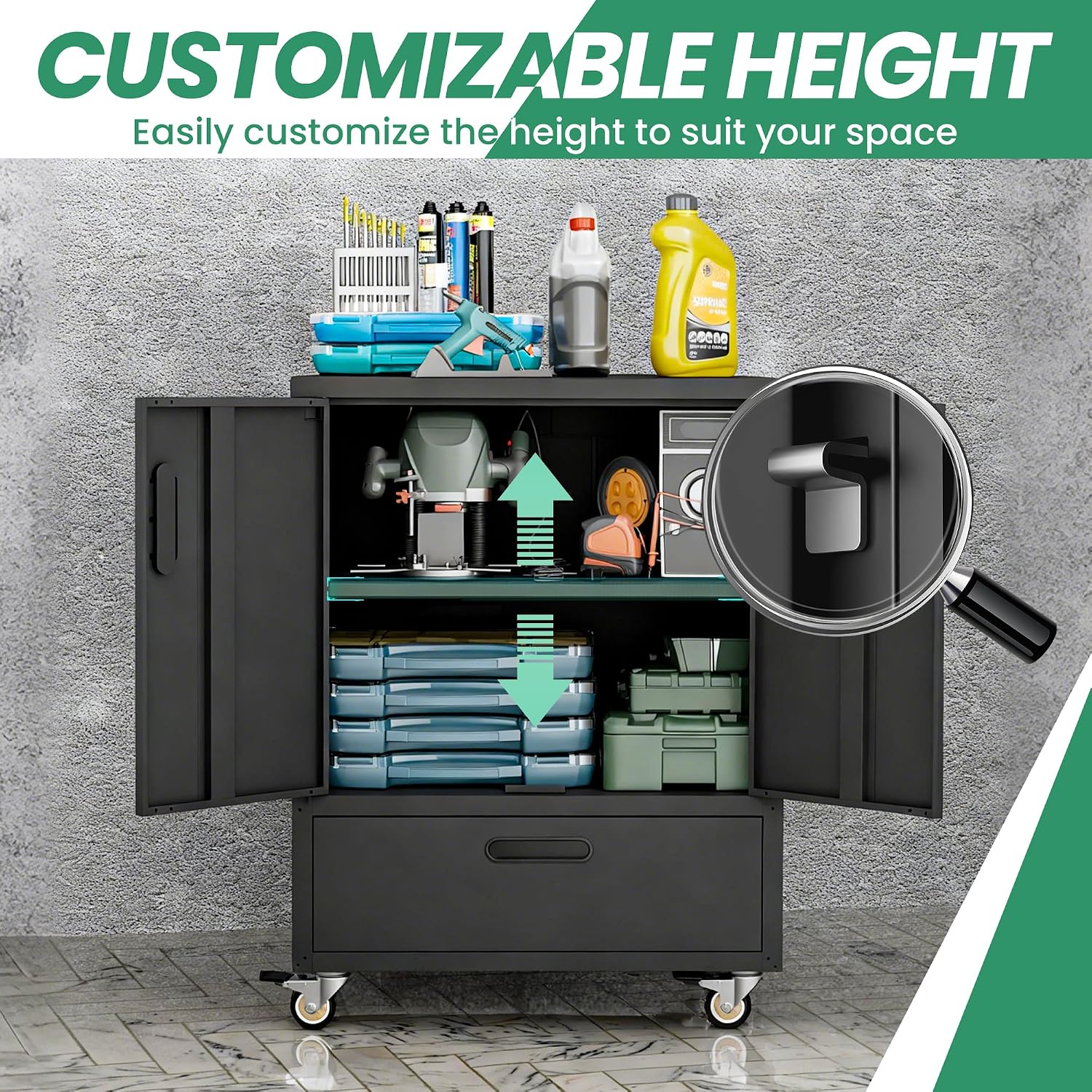 Garage Cabinets,Metal Garage Storage Cabinet with Wheels,Black Lockable Rolling Tool Cabinet with Drawer and Adjustable Shelves,Heavy Duty Tool Chest for Home Office Utility Room