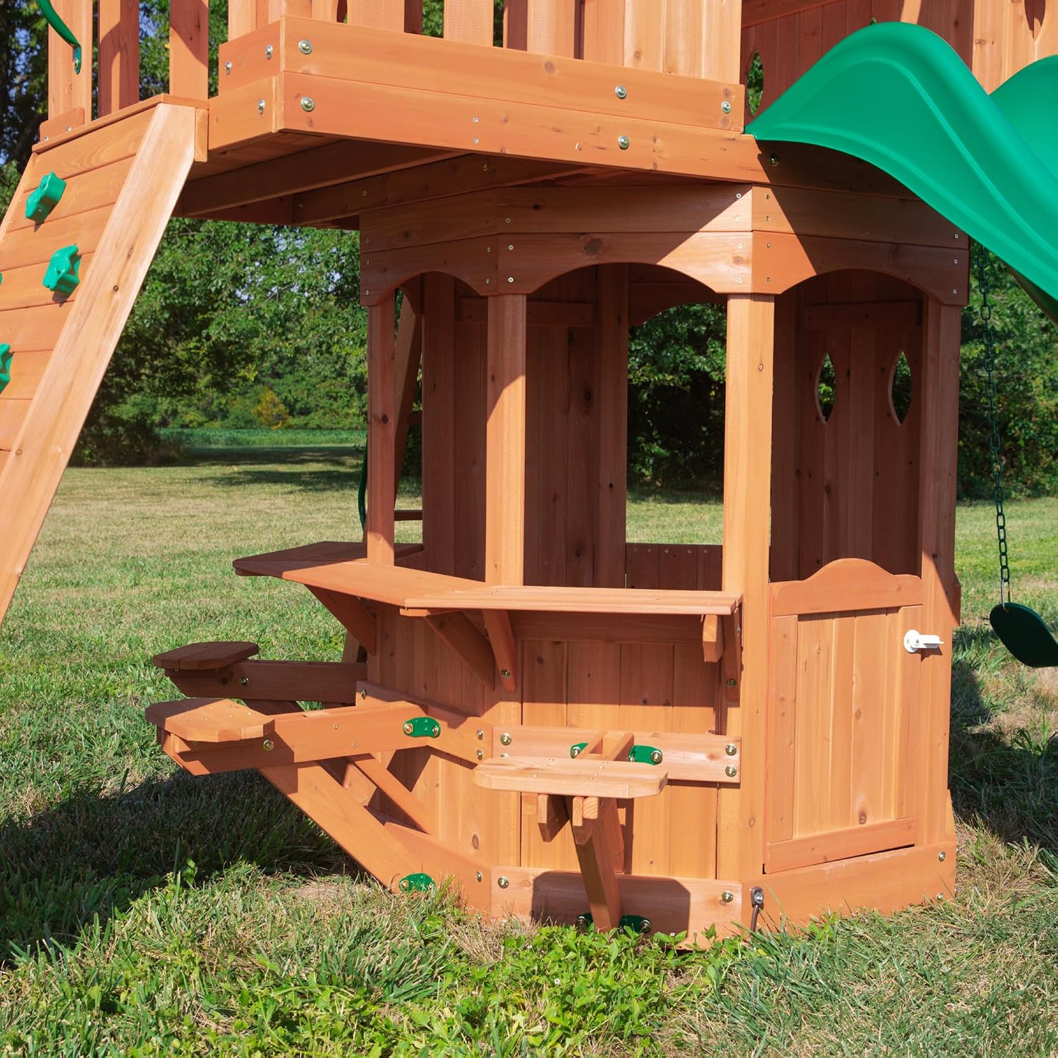 Backyard Discovery Woodland Cedar Wood Swing Set with Wave Slide, Clubhouse, Rock Wall, Snack Bar Station, Benches, Belt Swings, Trapeze, Half Door