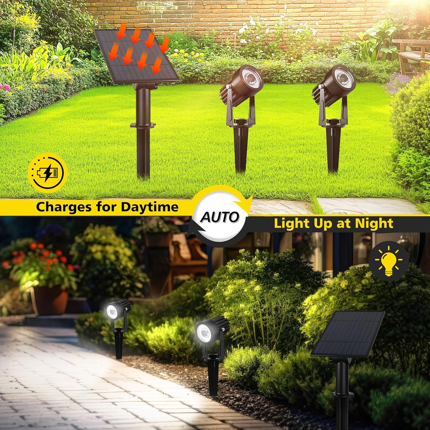 T-SUN Solar Spot Lights Outdoor, Dual Head Solar Spotlights, Cool White | IP65 Waterproof, 2 Brightness Modes, Dusk to Dawn Solar Uplights for Garden, Yard, Pathway, Patio, Lawn