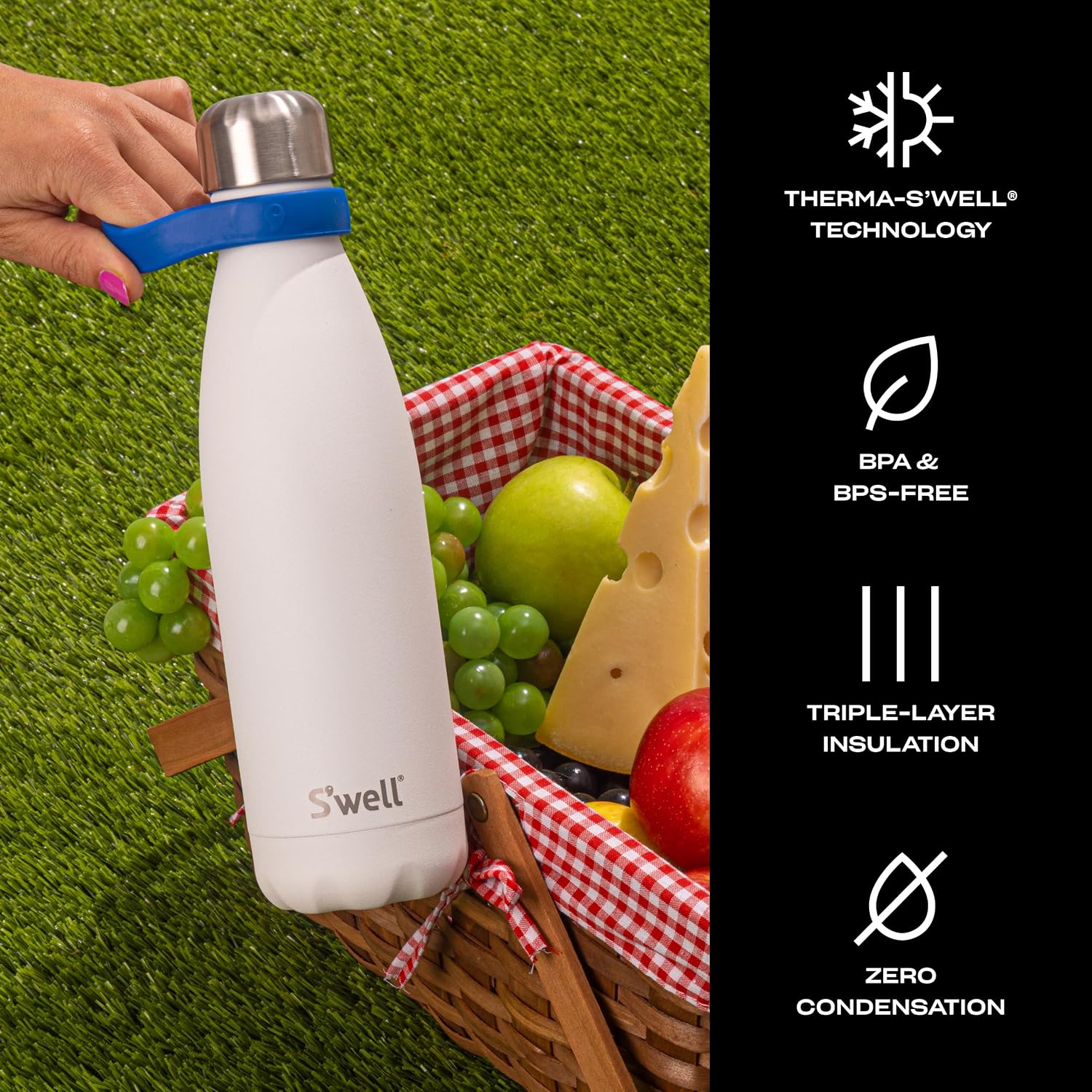 S'well Stainless Steel Water Bottle, 17oz, Blue Suede, Triple-Layered Vacuum Insulated Containers Keeps Drinks Cold for 36 Hours and Hot for 18, BPA Free, Perfect for On the Go