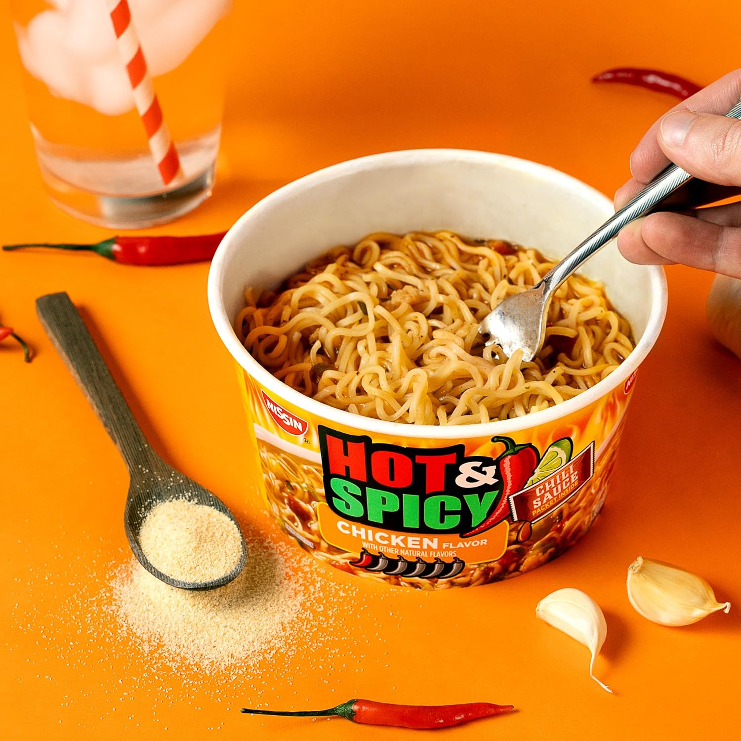 Nissin Hot & Spicy Ramen Noodle Soup, Chicken, 3.32 Ounce (Pack of 6) | Bold and spicy flavor for a kick of heat in every bite