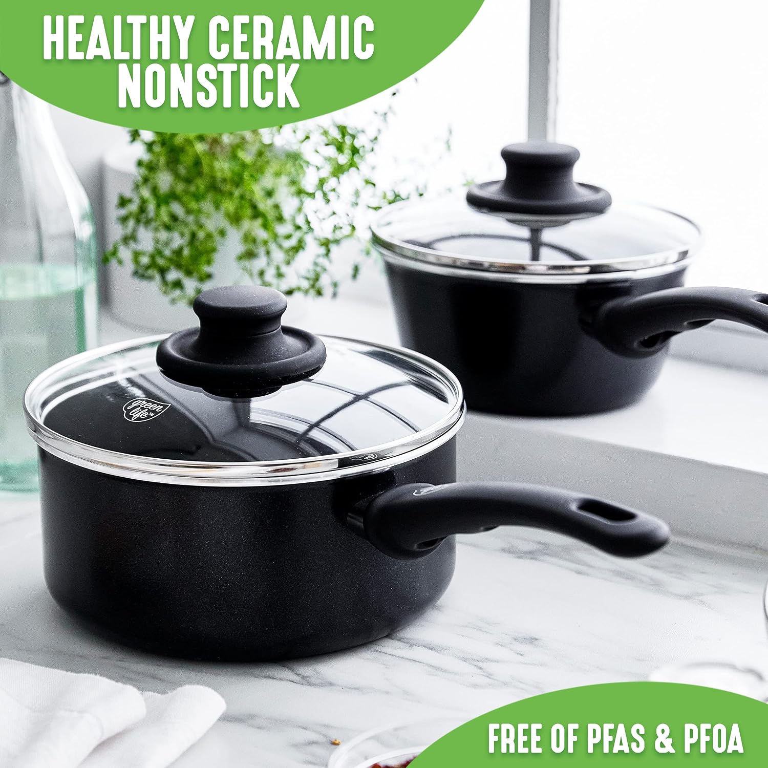 GreenLife Soft Grip 1QT and 2QT Saucepan Set, Healthy Ceramic Nonstick, Non Toxic PFAS & PFOA-Free, Dishwasher Safe, Glass Lids, Stay-Cool Handles, Easy Clean Cookware, Kitchen Essentials, Turquoise