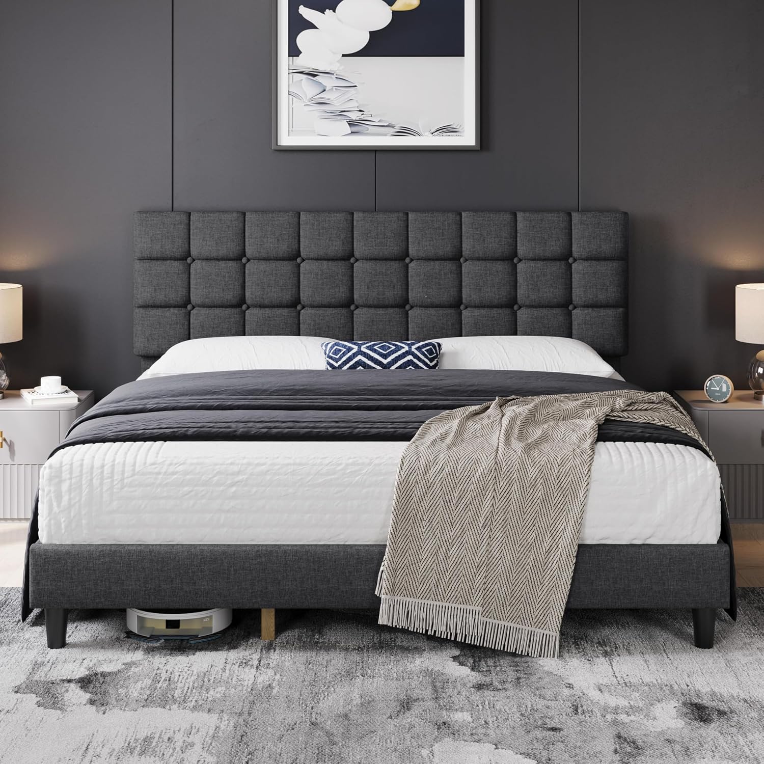 Yaheetech Full Size Upholstered Tufted Bed Frame with Headboard, Dark Gray | Sturdy engineered wood frame with linen fabric upholstery features a soft tufted headboard for easy assembly and support