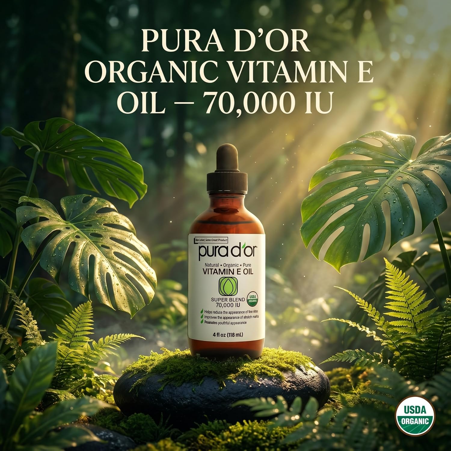 PURA D'OR Vitamin E Oil Botanical Blend, 4 fl oz | Ultra-Nourishing Hydration, USDA Certified, Jojoba, Argan, Almond, Avocado, Body Massage, Cuticles