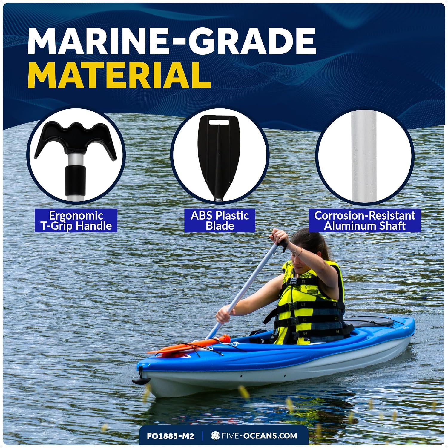 Five Oceans Canoe Paddle, Telescoping Canoe Paddles and Boat Hook, Black, Extend from 3.75 Ft. (45-inch) to 6 Ft.(72-inch), Aluminum Shaft, Reinforced Blade & Hook, Lightweight
