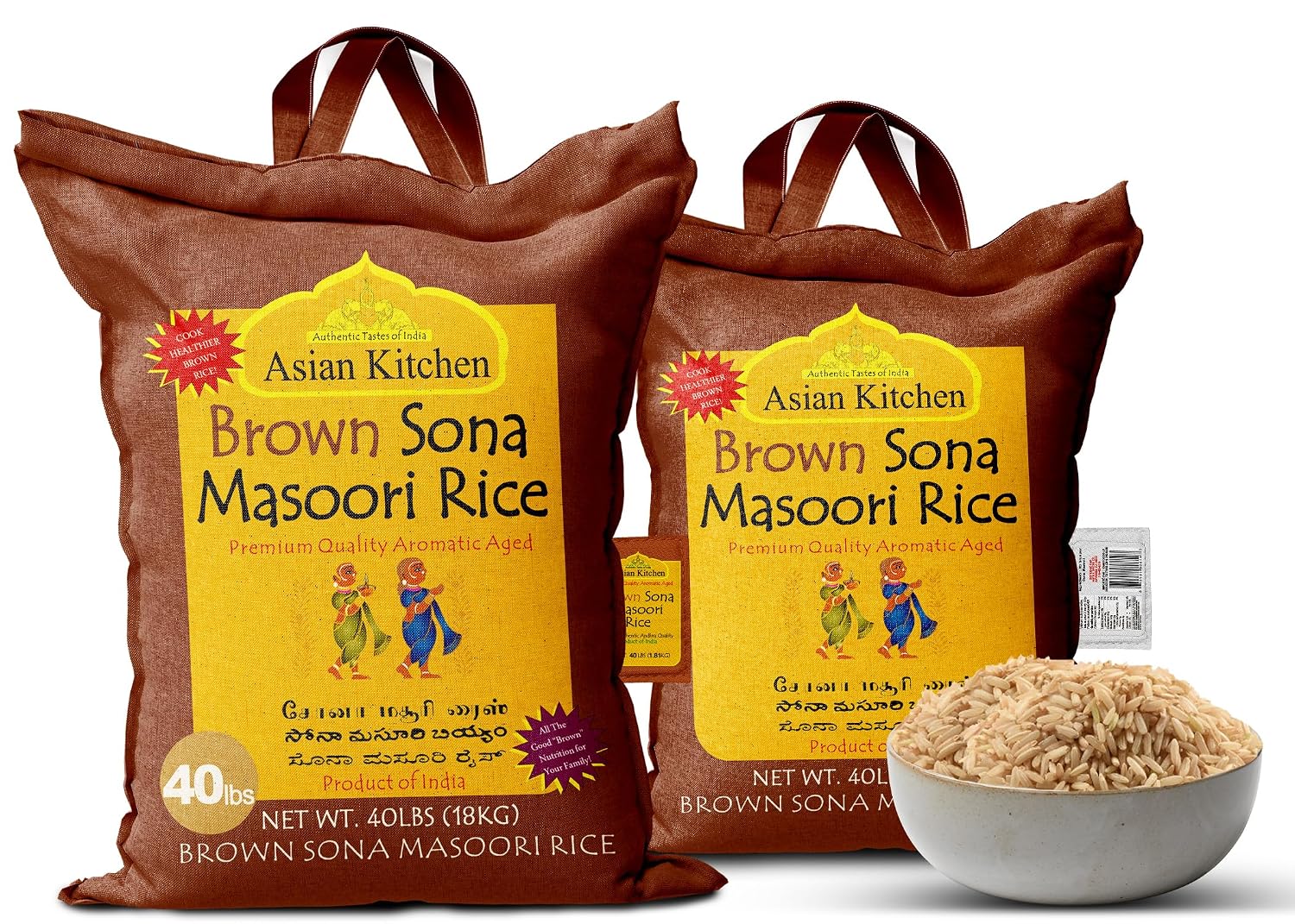 Asian Kitchen White Sona Masoori Aged Rice 20-Pound Bag, 20lbs (9.08kg) Short Grain Rice ~ All Natural | Gluten Friendly | Vegan | Kosher | Indian Origin | Export Quality