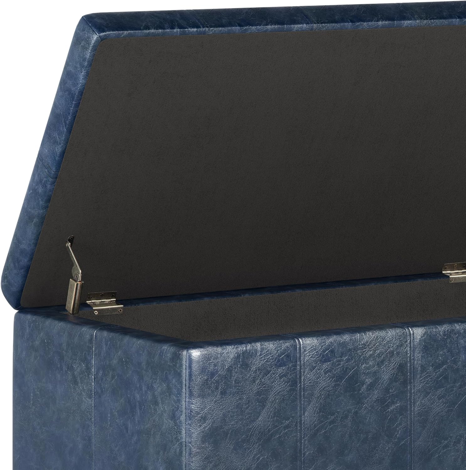 SIMPLIHOME Dover 36" Wide Vegan Leather Storage Ottoman in Midnight Black | Distressed umber brown, contemporary ottoman with lift-top and safety hinges; rectangle storage bench for living room.