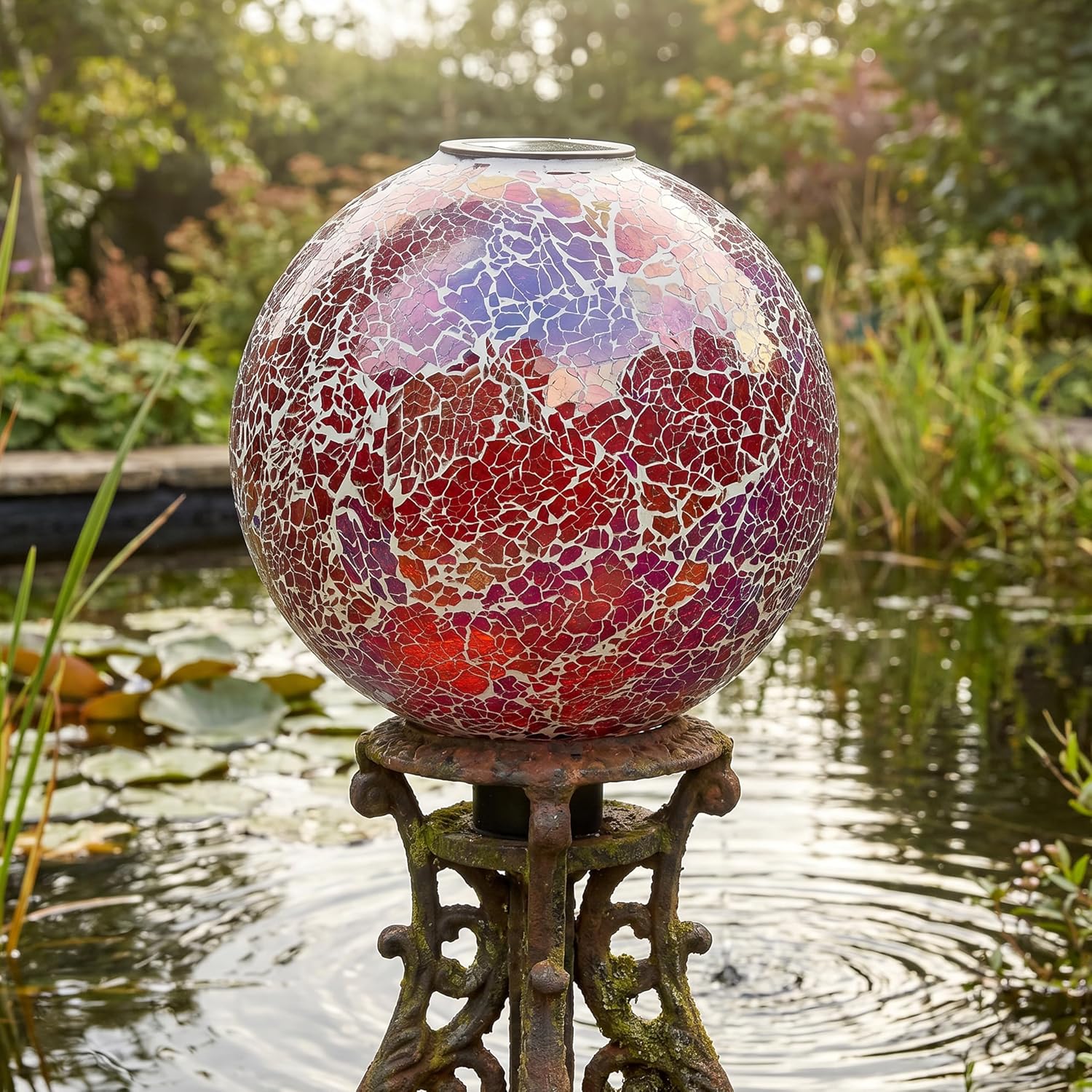 Sunnydaze Solar Gazing Ball for Garden, Mosaic Cool Blooms