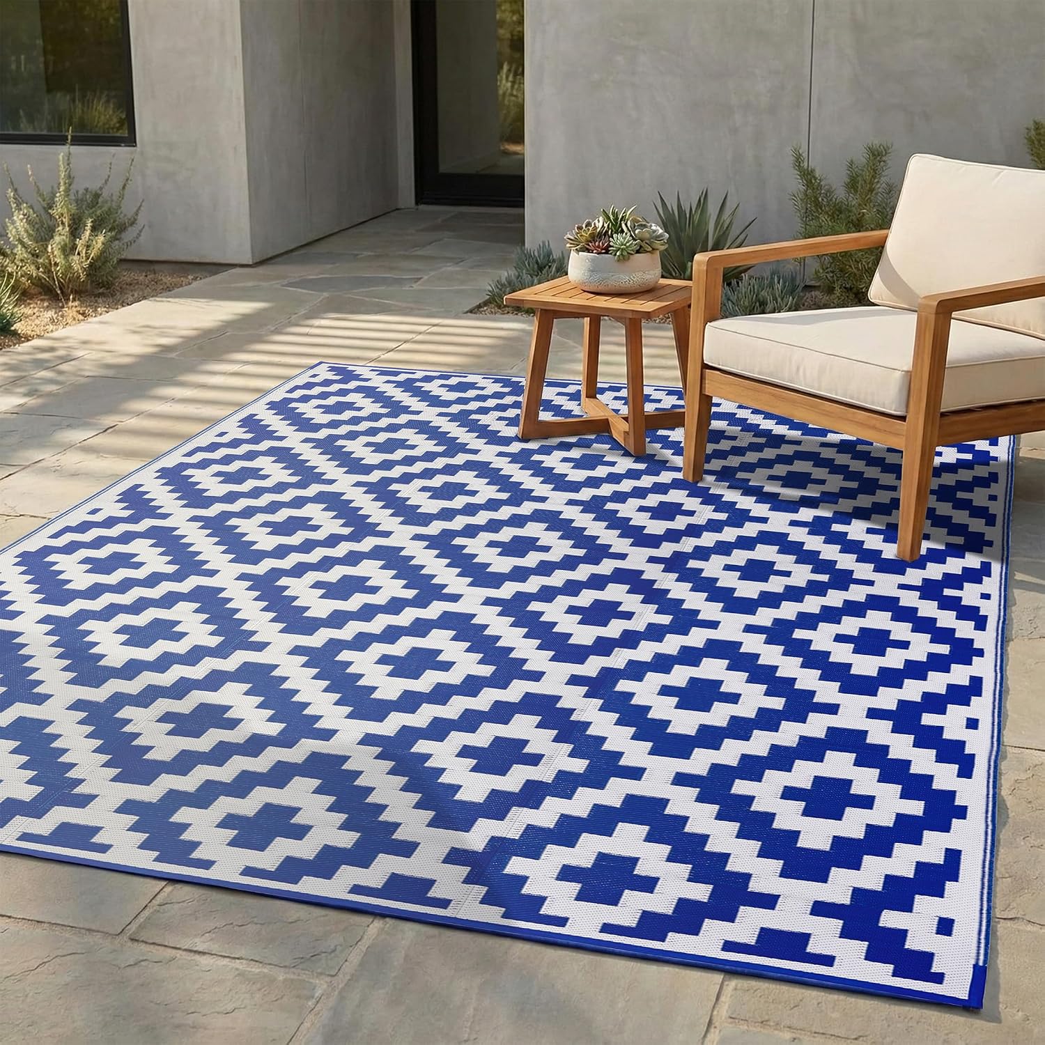 FH Home Outdoor Camping Rug - Waterproof, Fade Resistant, Reversible - Premium Recycled Plastic - Striped - Large Patio, Deck, Sunroom