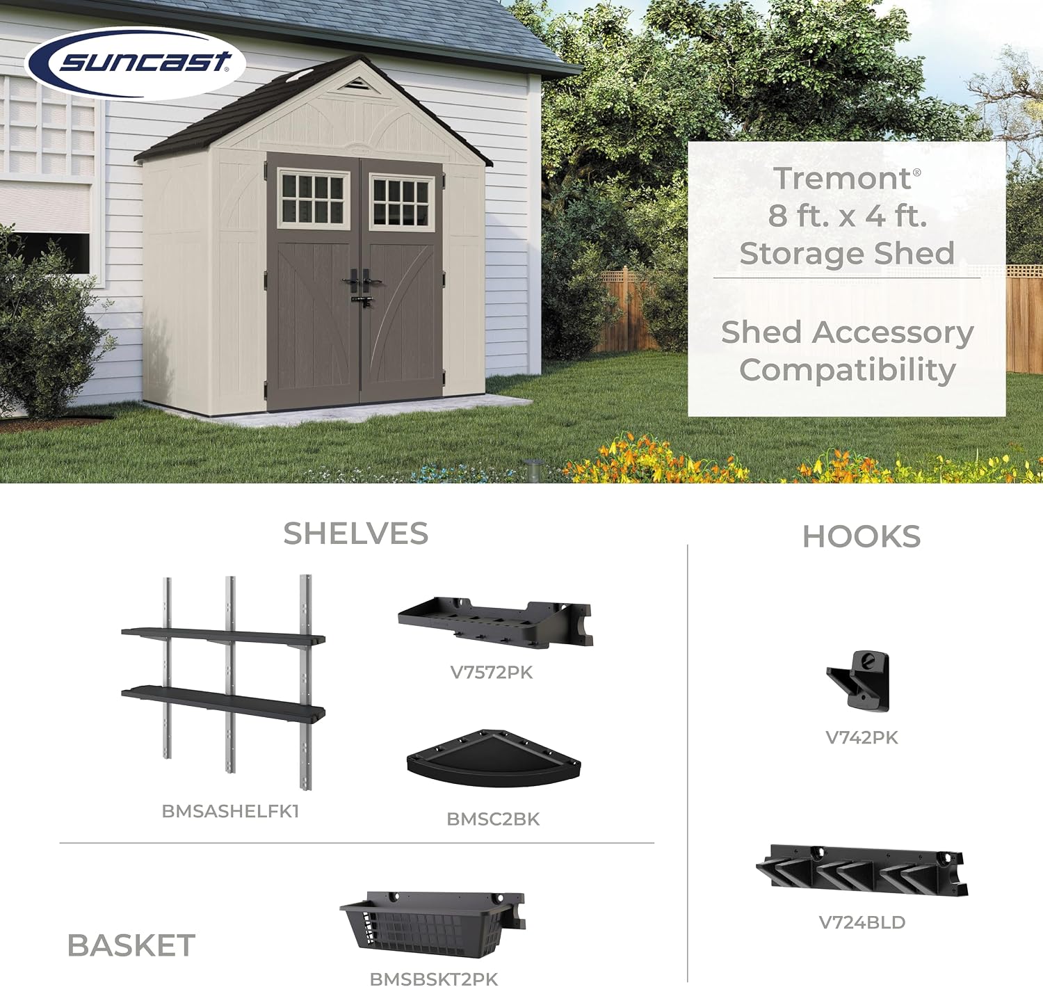 Suncast 8' x 4' Heavy-Duty Resin Tremont Storage Shed with Reinforced Floor, Skylights for Natural Light, Lockable Double Doors, Sand Finish