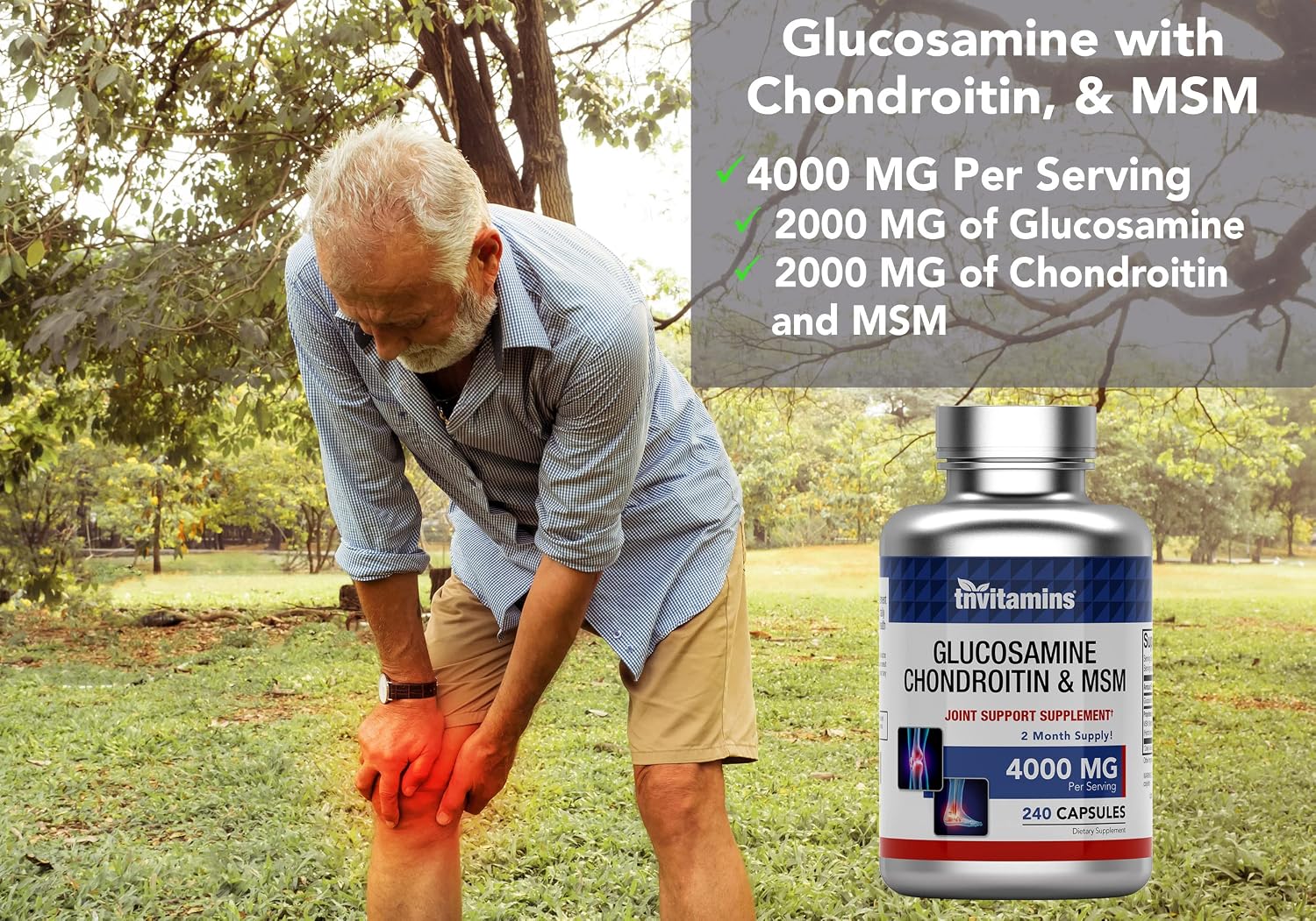 tnvitamins Glucosamine Chondroitin MSM Capsules, 240 Count | 4, 000 mg Per Serving | 2, 000 mg Glucosamine Sulfate 2KCl + 2