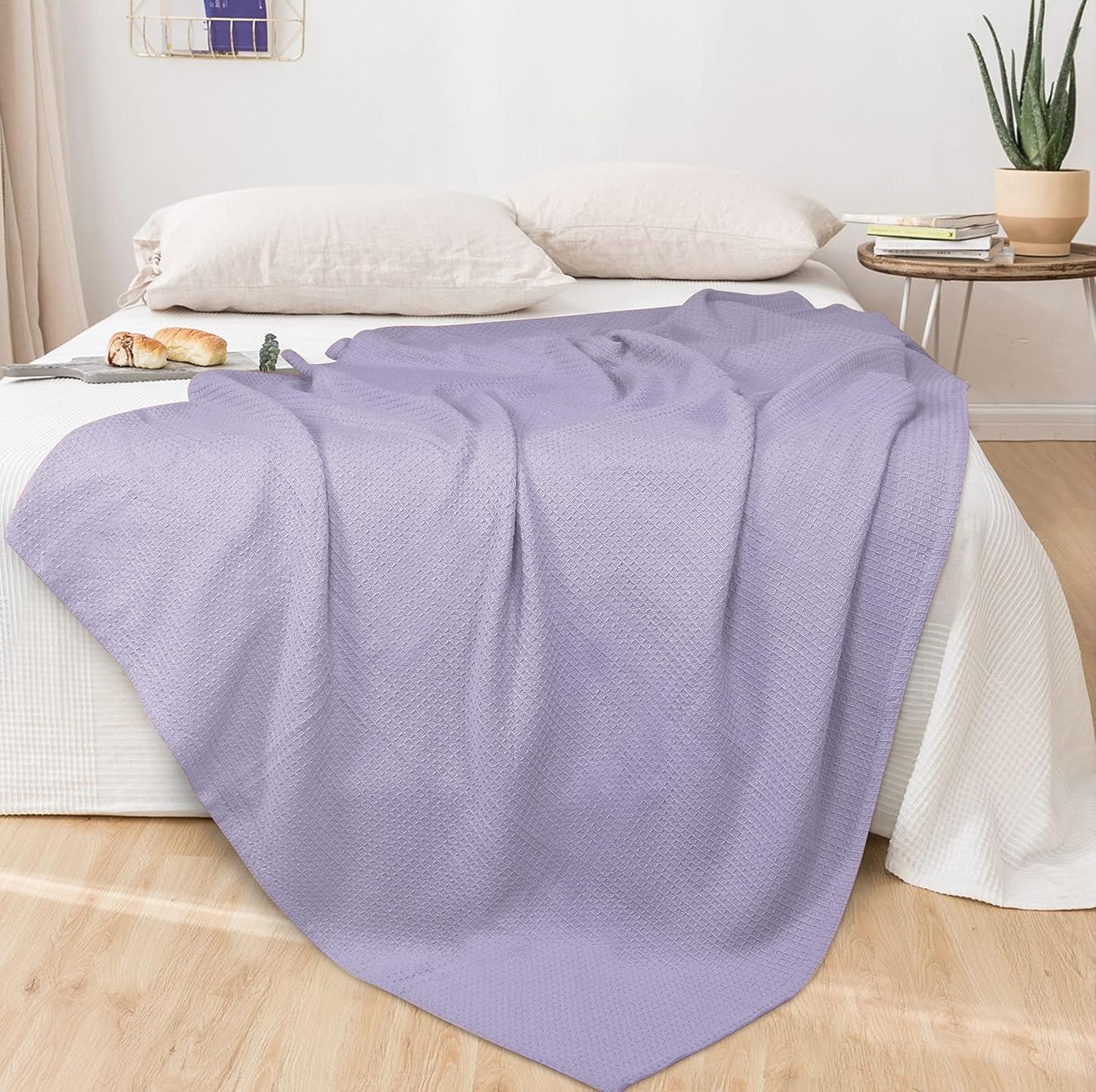 Glamburg 100% Cotton Thermal Bed Blanket, Soft Waffle, Queen Size, All Season, Navy Blue
